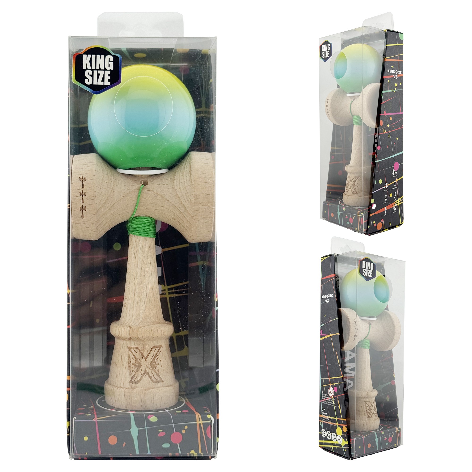 Kendama X Originala, Profesionala, Flippy, Super Sticky cu Cupe Mari KING SIZE V3, Gaura in Baza, Rulment Metalic, din lemn 18 cm, Ata 62/65 cm, Gradient Galben/Albastru/Verde