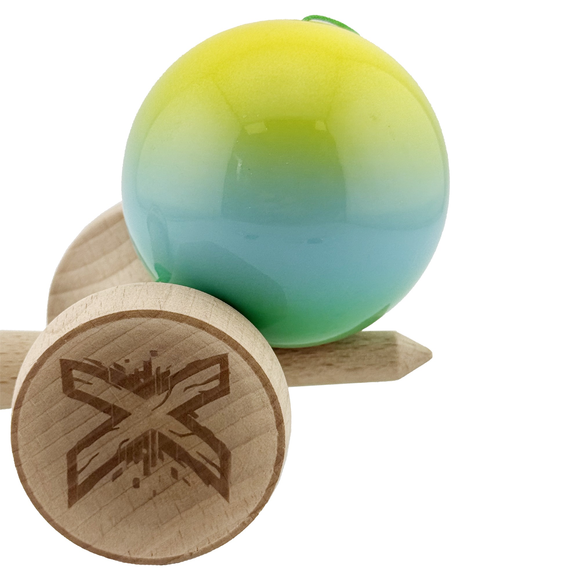 Kendama X Originala, Profesionala, Flippy, Super Sticky cu Cupe Mari KING SIZE V3, Gaura in Baza, Rulment Metalic, din lemn 18 cm, Ata 62/65 cm, Gradient Galben/Albastru/Verde