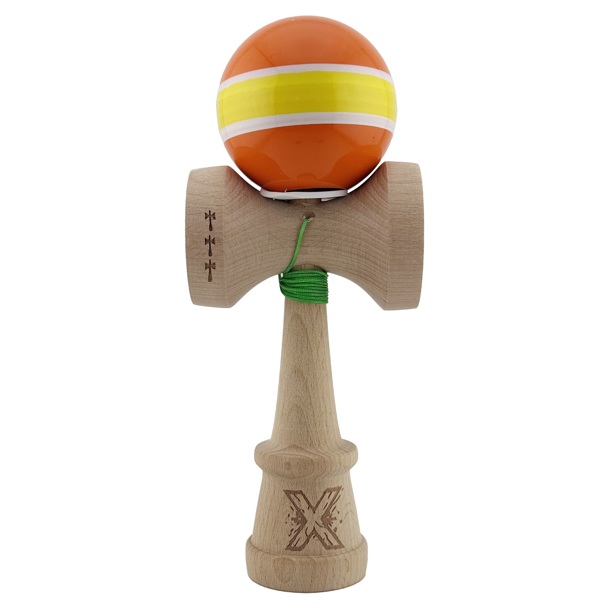 Kendama X Originala, Profesionala, Flippy, Super Sticky cu Cupe Mari KING SIZE V3, Gaura in Baza, Rulment Metalic, din lemn 18 cm, Ata 62/65 cm, Special Portocaliu/Galben