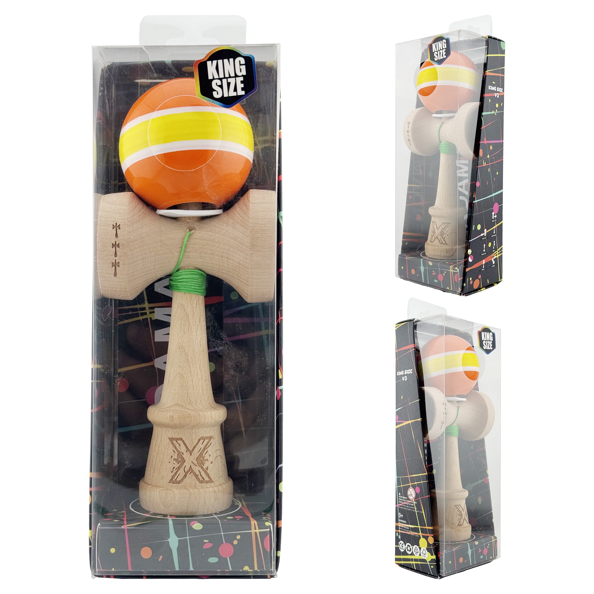 Kendama X Originala, Profesionala, Flippy, Super Sticky cu Cupe Mari KING SIZE V3, Gaura in Baza, Rulment Metalic, din lemn 18 cm, Ata 62/65 cm, Special Portocaliu/Galben