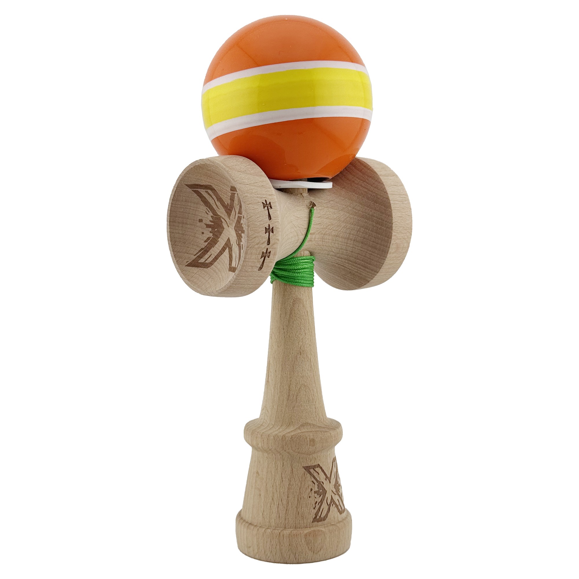 Kendama X Originala, Profesionala, Flippy, Super Sticky cu Cupe Mari KING SIZE V3, Gaura in Baza, Rulment Metalic, din lemn 18 cm, Ata 62/65 cm, Special Portocaliu/Galben