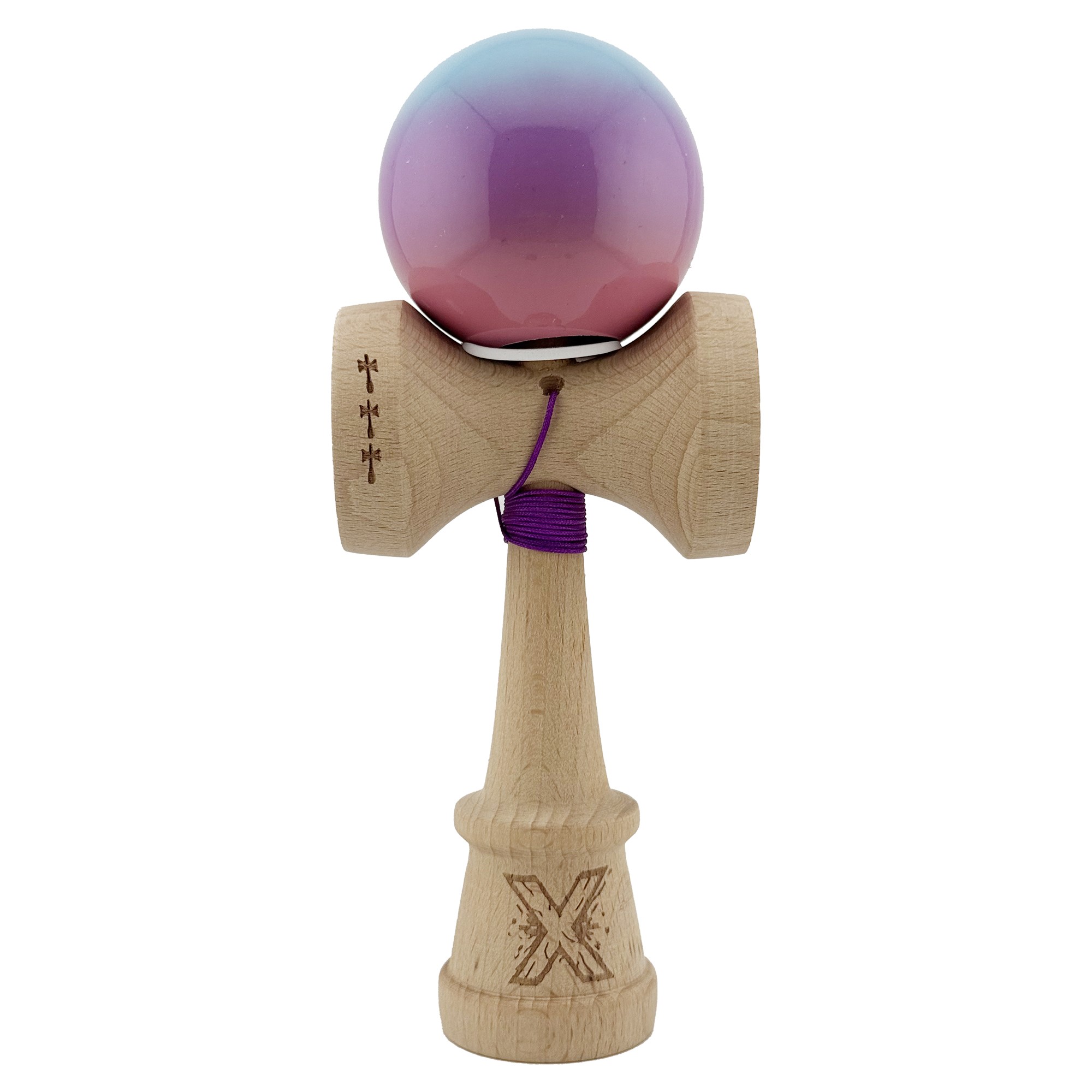 Kendama X Originala, Profesionala, Flippy, Super Sticky cu Cupe Mari KING SIZE V3, Gaura in Baza, Rulment Metalic, din lemn 18 cm, Ata 62/65 cm, Gradient Albastru/Mov/Roz
