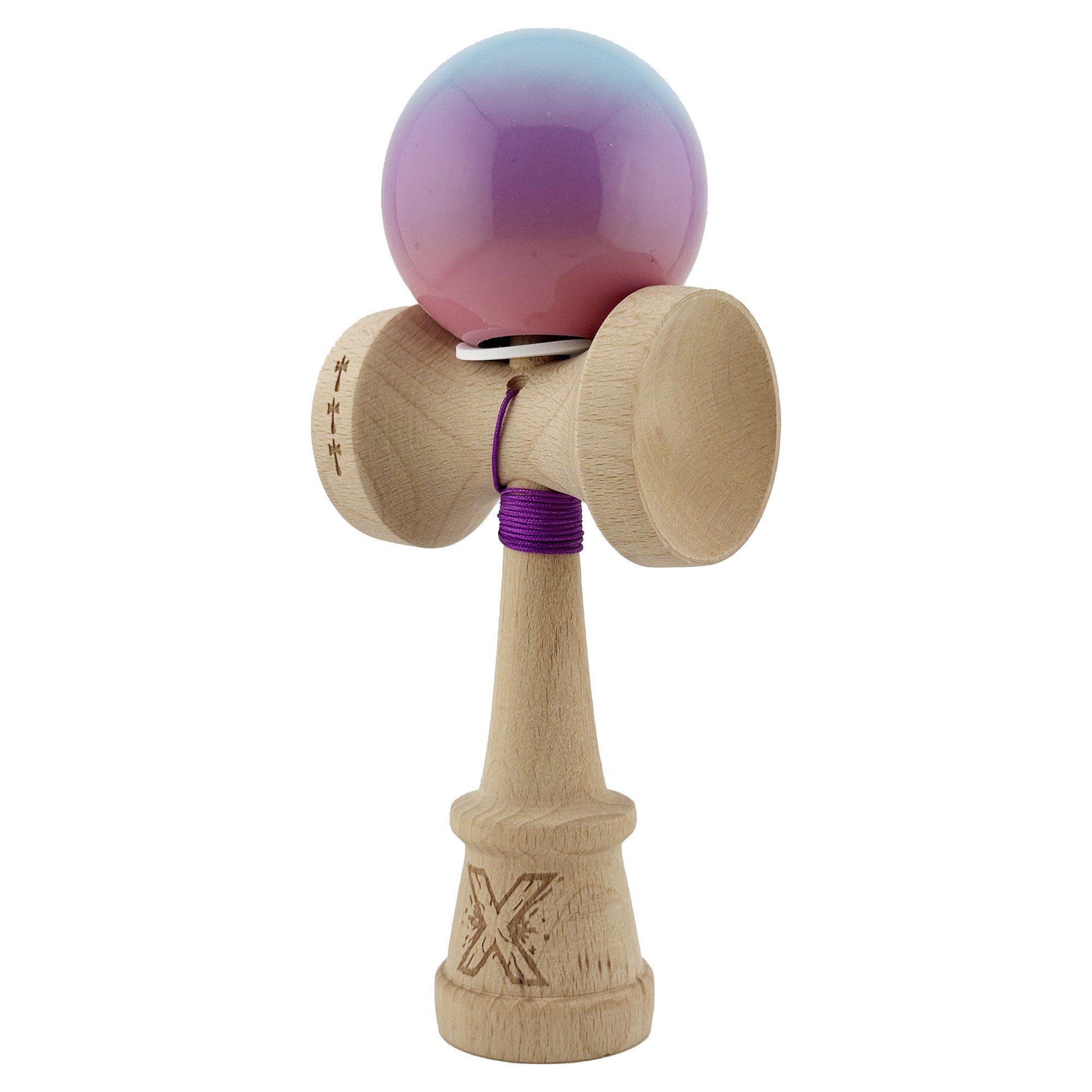 Kendama X Originala, Profesionala, Flippy, Super Sticky cu Cupe Mari KING SIZE V3, Gaura in Baza, Rulment Metalic, din lemn 18 cm, Ata 62/65 cm, Gradient Albastru/Mov/Roz