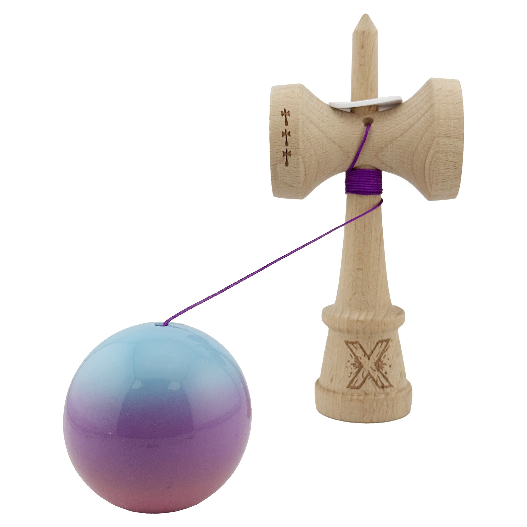 Kendama X Originala, Profesionala, Flippy, Super Sticky cu Cupe Mari KING SIZE V3, Gaura in Baza, Rulment Metalic, din lemn 18 cm, Ata 62/65 cm, Gradient Albastru/Mov/Roz