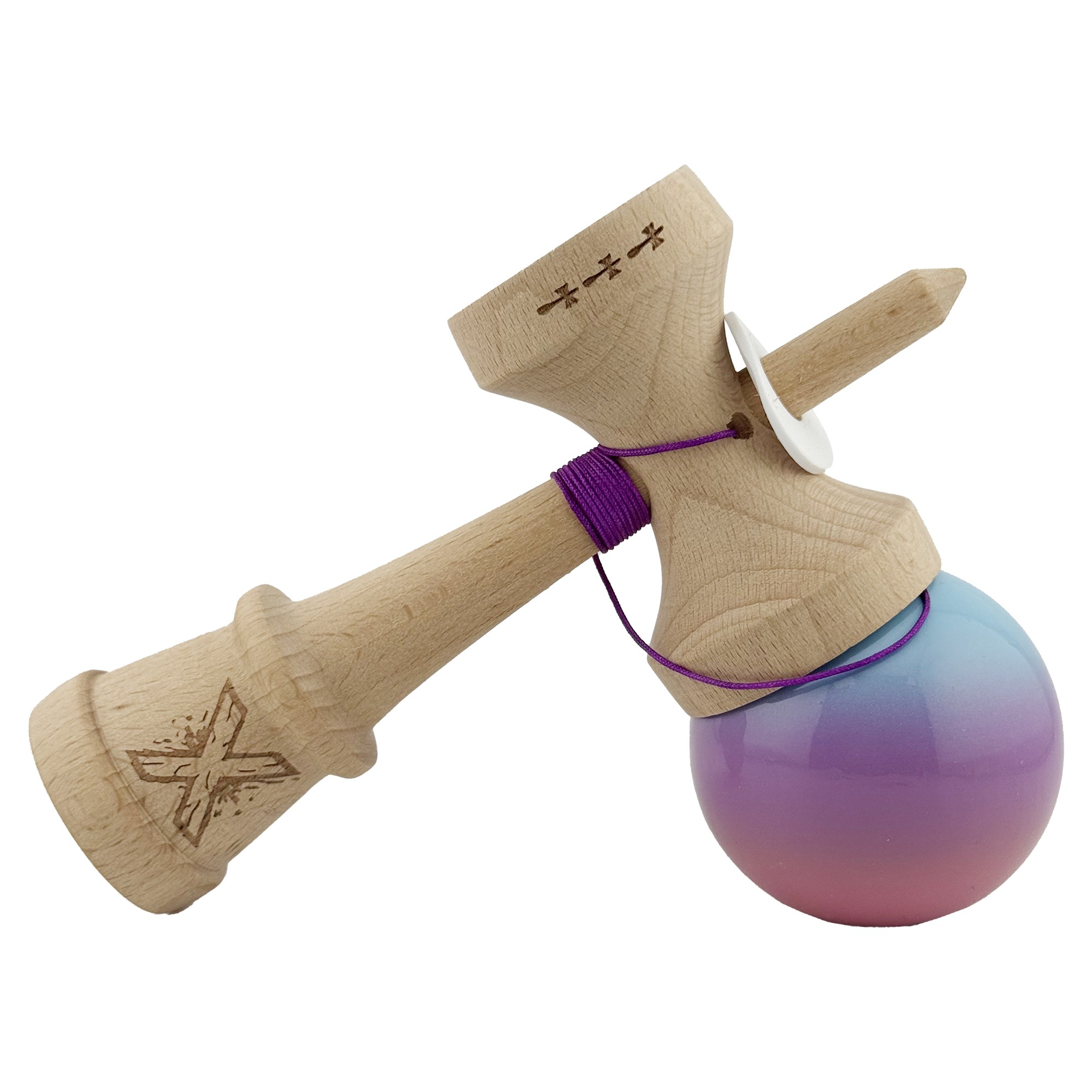 Kendama X Originala, Profesionala, Flippy, Super Sticky cu Cupe Mari KING SIZE V3, Gaura in Baza, Rulment Metalic, din lemn 18 cm, Ata 62/65 cm, Gradient Albastru/Mov/Roz