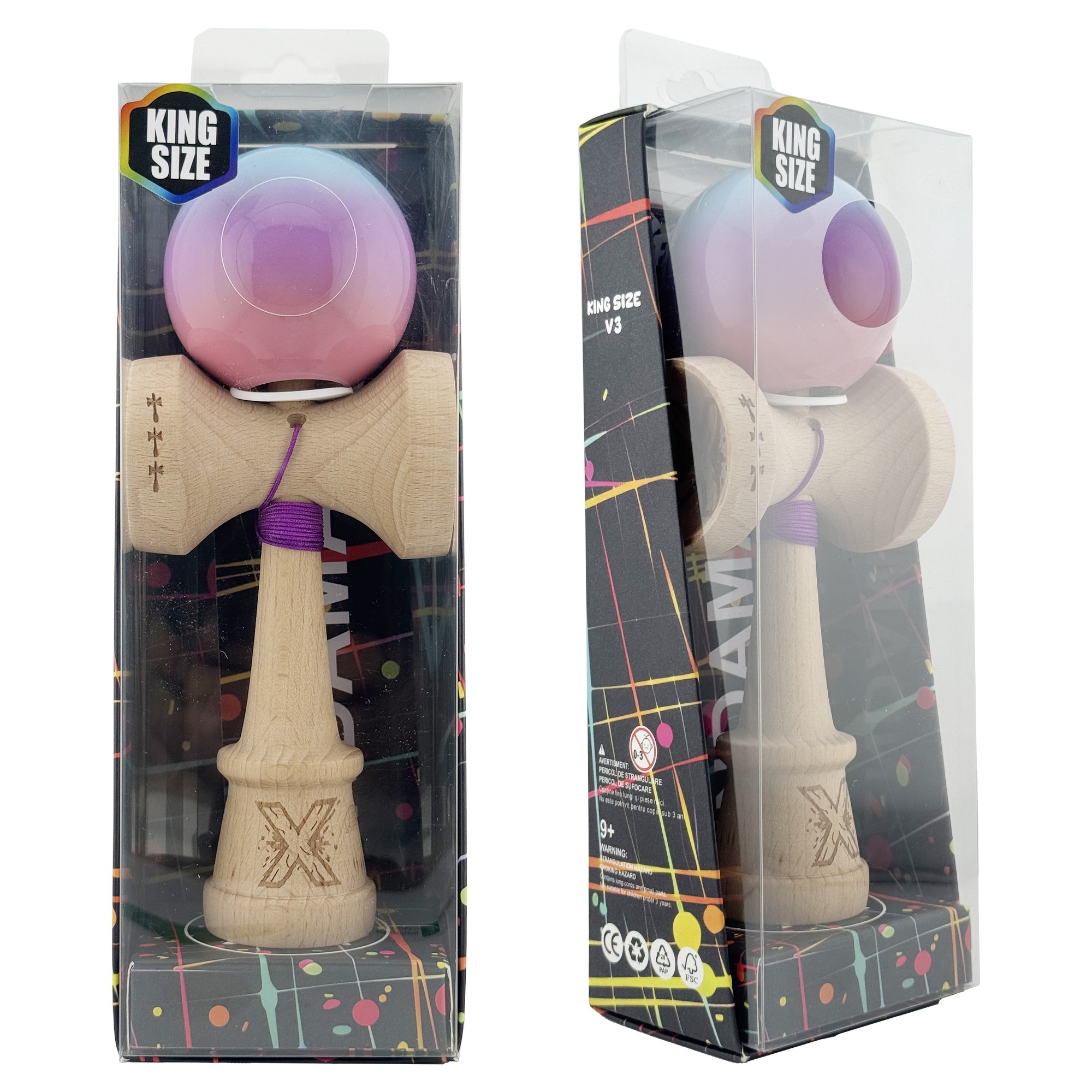 Kendama X Originala, Profesionala, Flippy, Super Sticky cu Cupe Mari KING SIZE V3, Gaura in Baza, Rulment Metalic, din lemn 18 cm, Ata 62/65 cm, Gradient Albastru/Mov/Roz