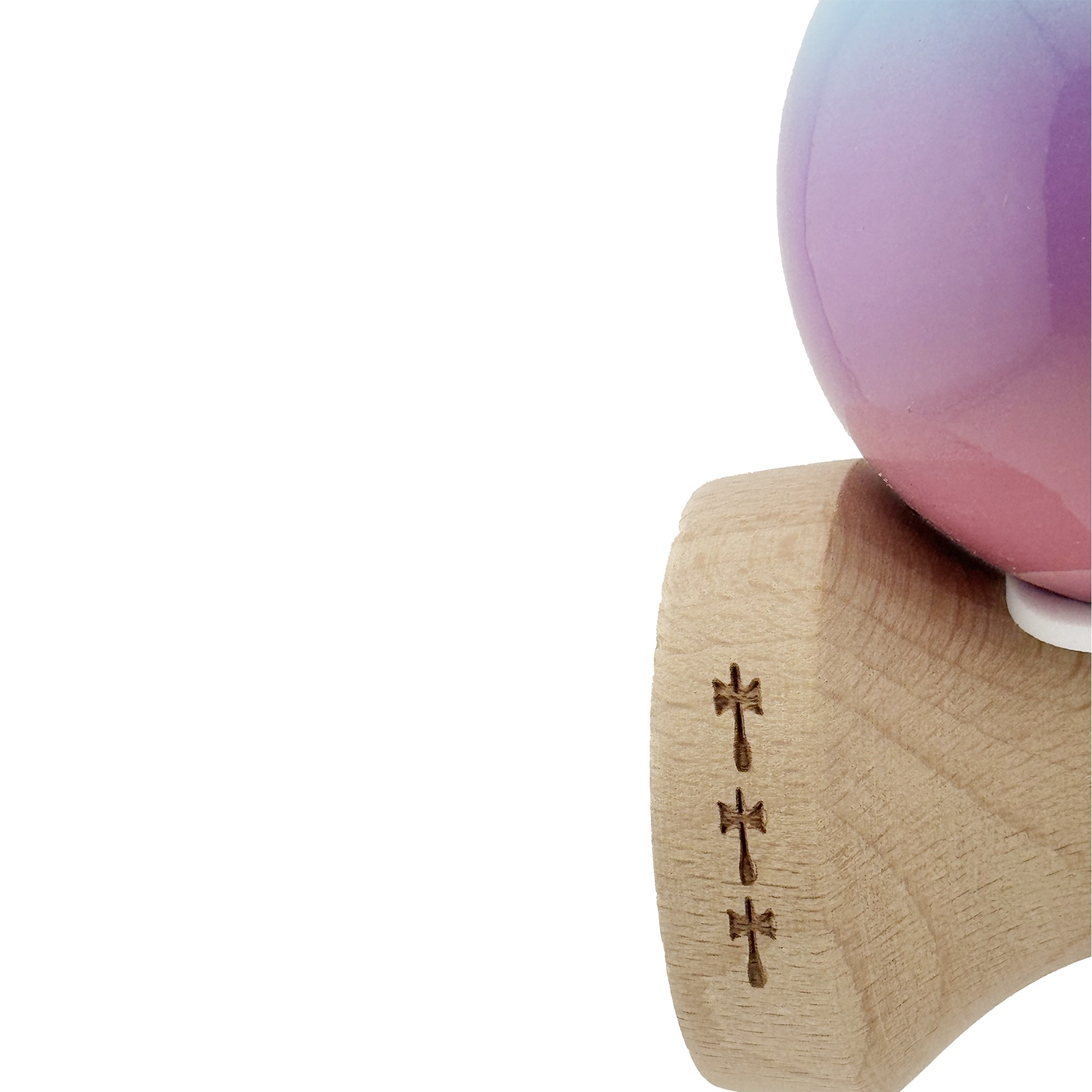 Kendama X Originala, Profesionala, Flippy, Super Sticky cu Cupe Mari KING SIZE V3, Gaura in Baza, Rulment Metalic, din lemn 18 cm, Ata 62/65 cm, Gradient Albastru/Mov/Roz