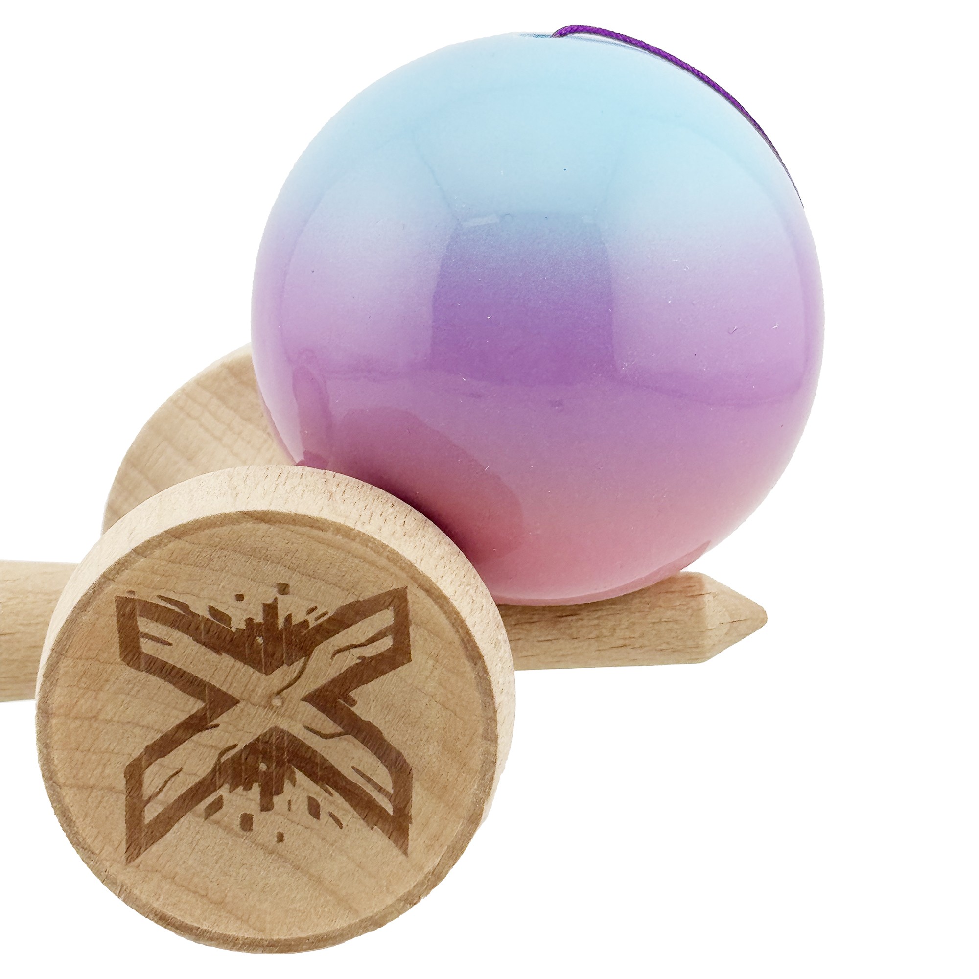 Kendama X Originala, Profesionala, Flippy, Super Sticky cu Cupe Mari KING SIZE V3, Gaura in Baza, Rulment Metalic, din lemn 18 cm, Ata 62/65 cm, Gradient Albastru/Mov/Roz