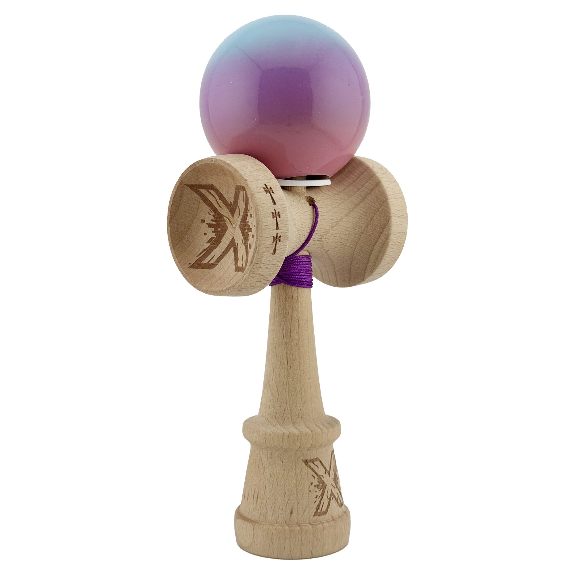 Kendama X Originala, Profesionala, Flippy, Super Sticky cu Cupe Mari KING SIZE V3, Gaura in Baza, Rulment Metalic, din lemn 18 cm, Ata 62/65 cm, Gradient Albastru/Mov/Roz