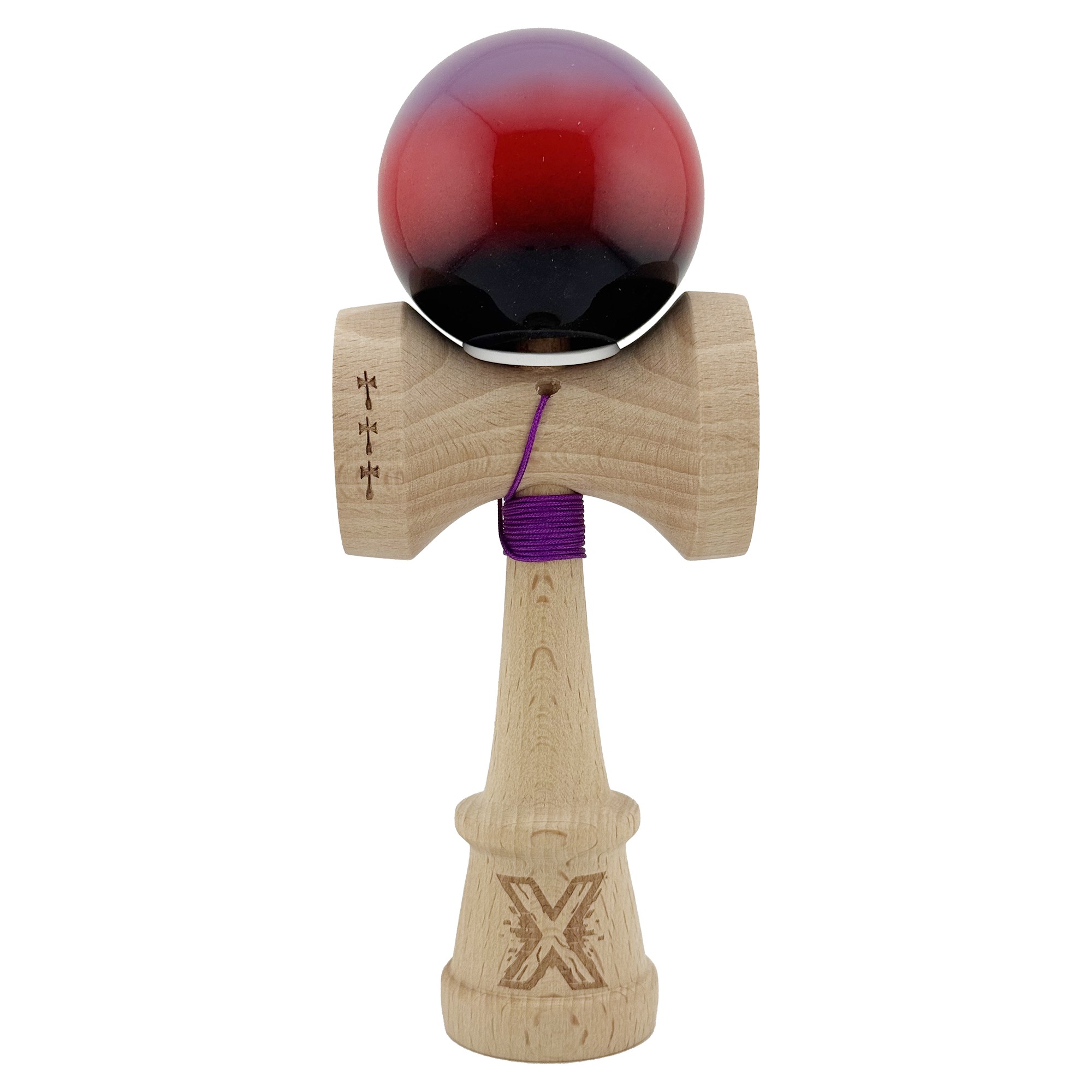 Kendama X Originala, Profesionala, Flippy, Super Sticky cu Cupe Mari KING SIZE V3, Gaura in Baza, Rulment Metalic, din lemn 18 cm, Ata 62/65 cm, Gradient Mov/Rosu/Negru