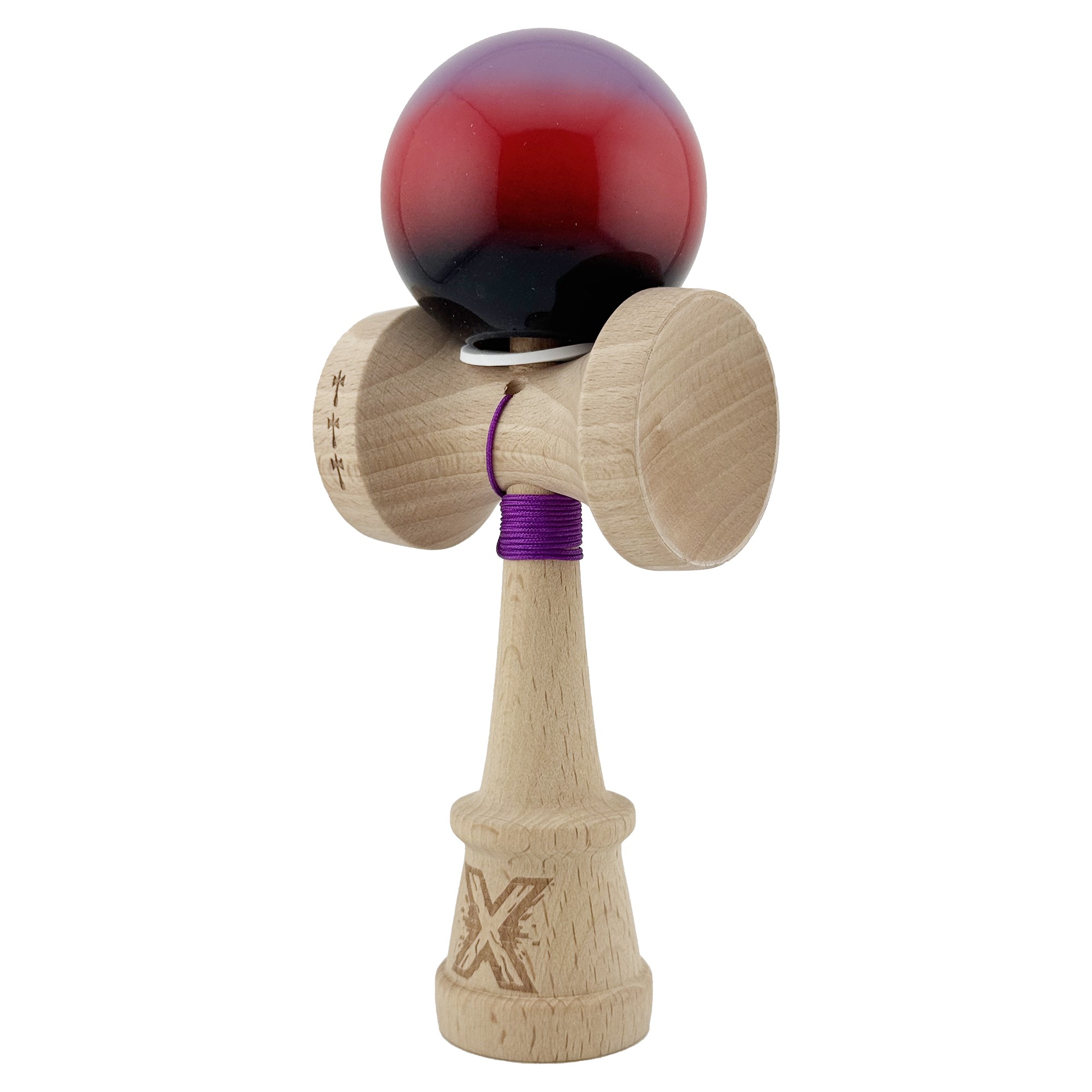 Kendama X Originala, Profesionala, Flippy, Super Sticky cu Cupe Mari KING SIZE V3, Gaura in Baza, Rulment Metalic, din lemn 18 cm, Ata 62/65 cm, Gradient Mov/Rosu/Negru