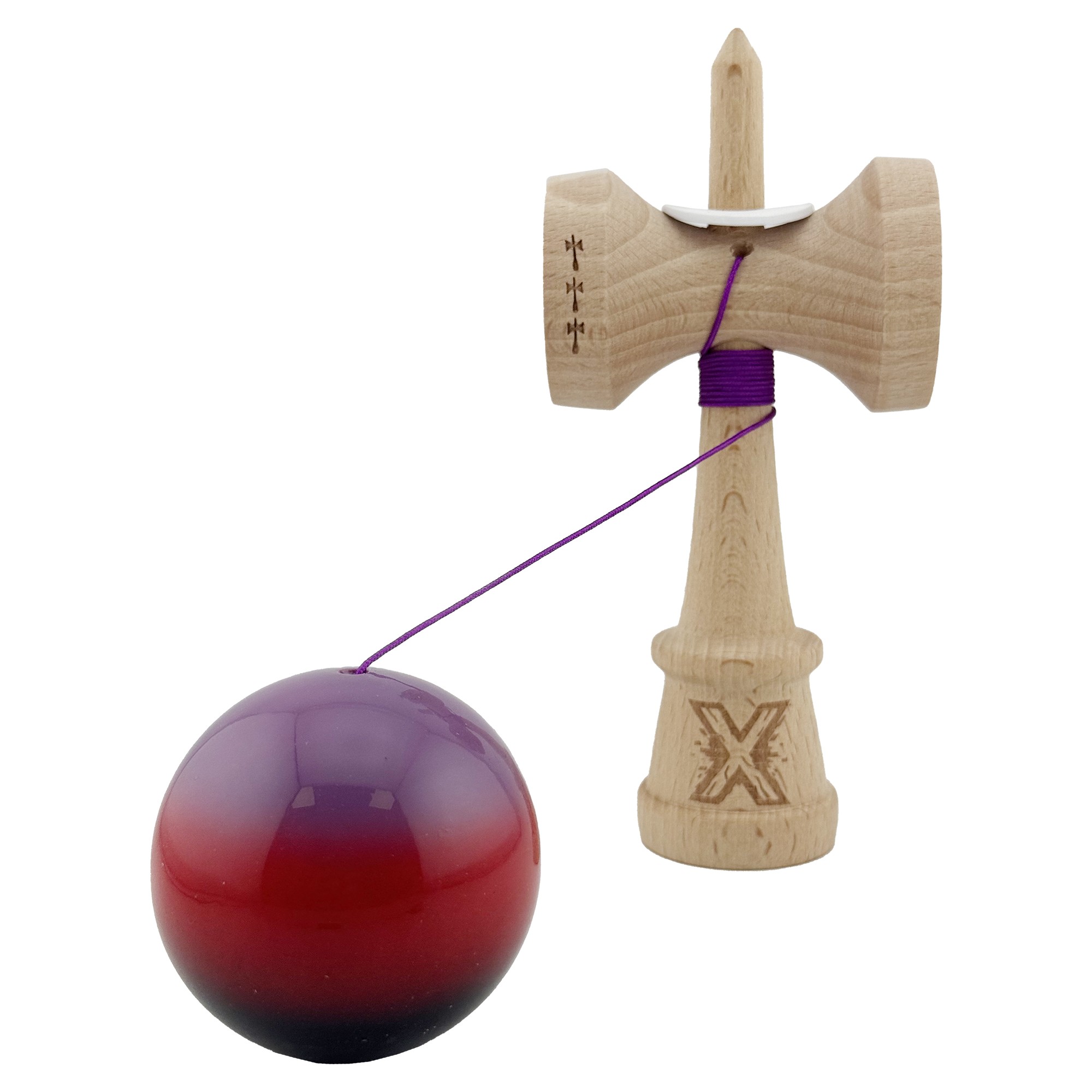 Kendama X Originala, Profesionala, Flippy, Super Sticky cu Cupe Mari KING SIZE V3, Gaura in Baza, Rulment Metalic, din lemn 18 cm, Ata 62/65 cm, Gradient Mov/Rosu/Negru