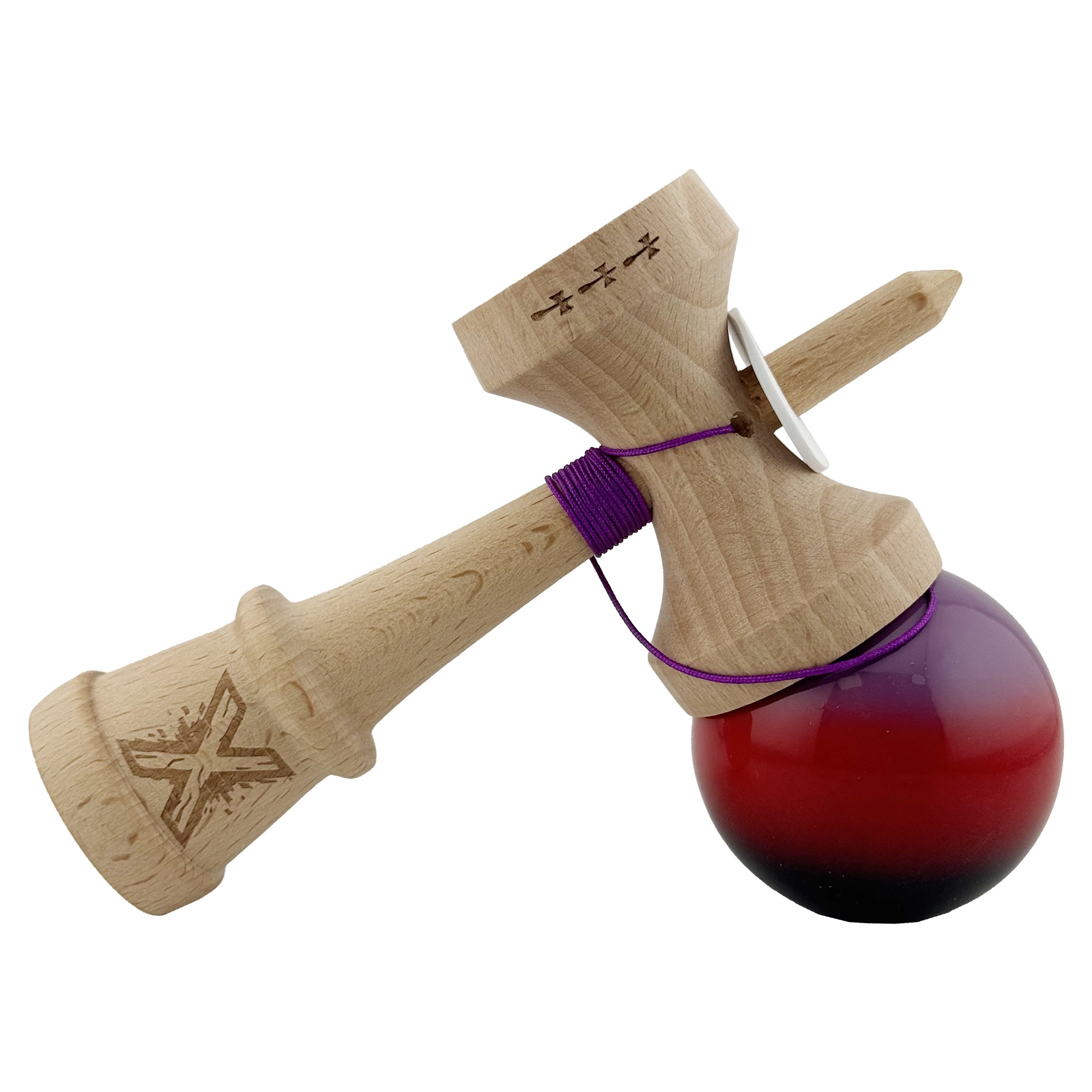 Kendama X Originala, Profesionala, Flippy, Super Sticky cu Cupe Mari KING SIZE V3, Gaura in Baza, Rulment Metalic, din lemn 18 cm, Ata 62/65 cm, Gradient Mov/Rosu/Negru