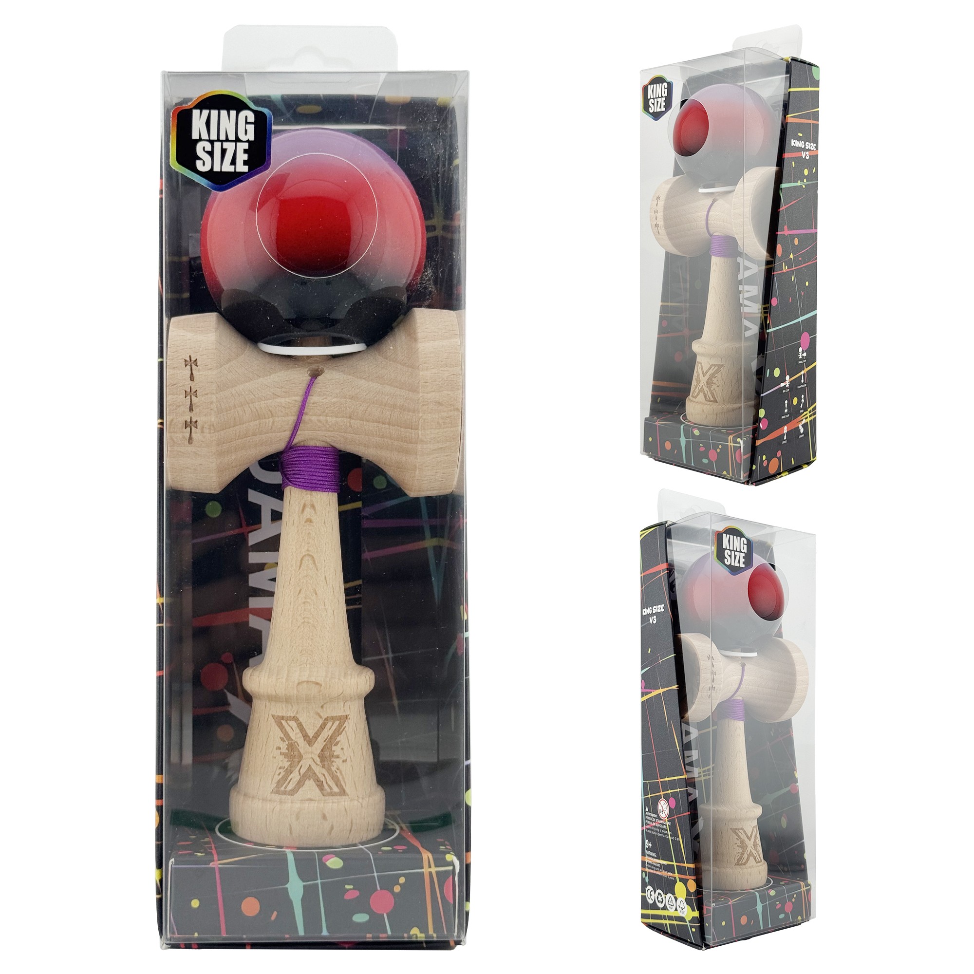 Kendama X Originala, Profesionala, Flippy, Super Sticky cu Cupe Mari KING SIZE V3, Gaura in Baza, Rulment Metalic, din lemn 18 cm, Ata 62/65 cm, Gradient Mov/Rosu/Negru