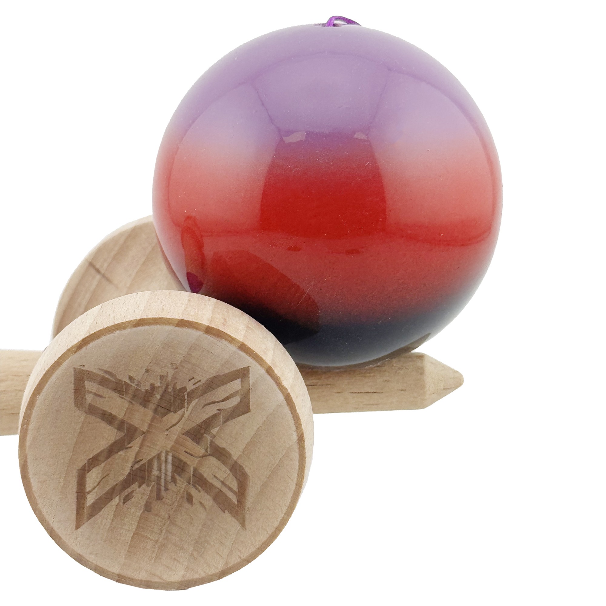 Kendama X Originala, Profesionala, Flippy, Super Sticky cu Cupe Mari KING SIZE V3, Gaura in Baza, Rulment Metalic, din lemn 18 cm, Ata 62/65 cm, Gradient Mov/Rosu/Negru