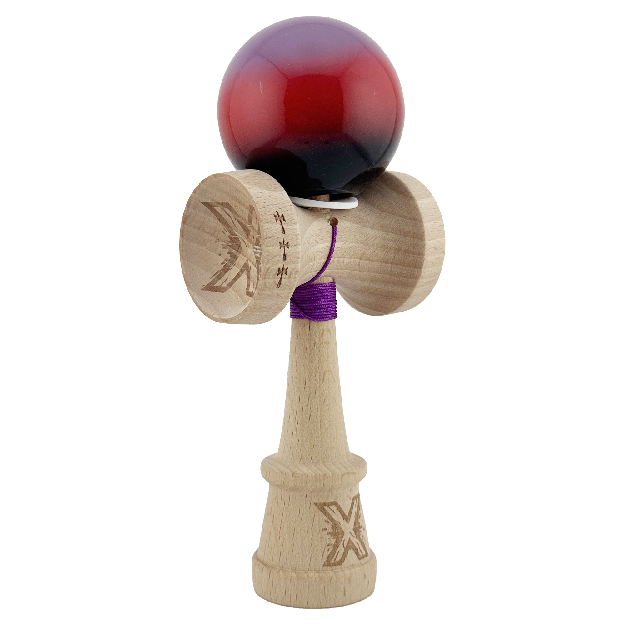 Kendama X Originala, Profesionala, Flippy, Super Sticky cu Cupe Mari KING SIZE V3, Gaura in Baza, Rulment Metalic, din lemn 18 cm, Ata 62/65 cm, Gradient Mov/Rosu/Negru
