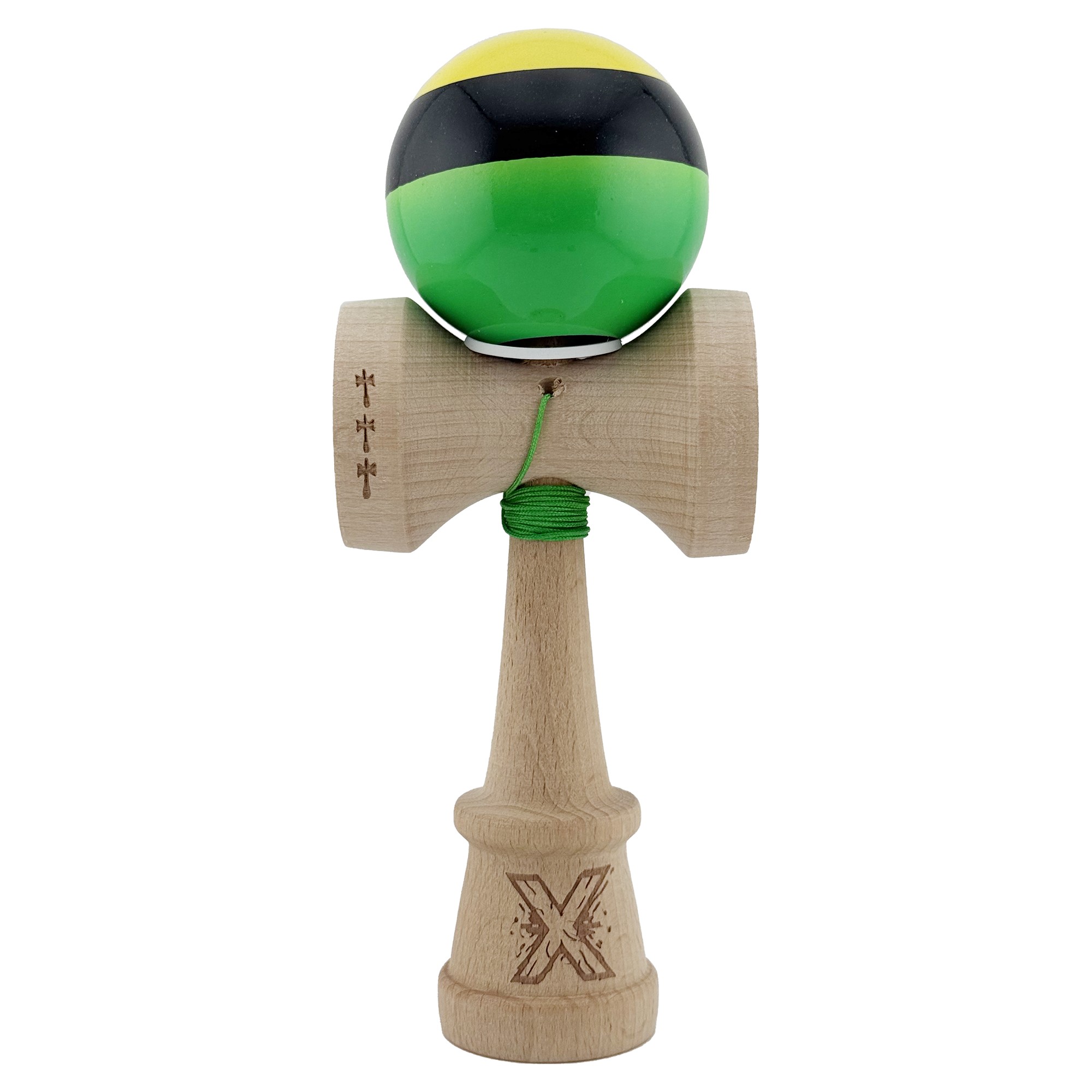 Kendama X Originala, Profesionala, Flippy, Super Sticky cu Cupe Mari KING SIZE V3, Gaura in Baza, Rulment Metalic, din lemn 18 cm, Ata 62/65 cm, Galben/Negru/Verde