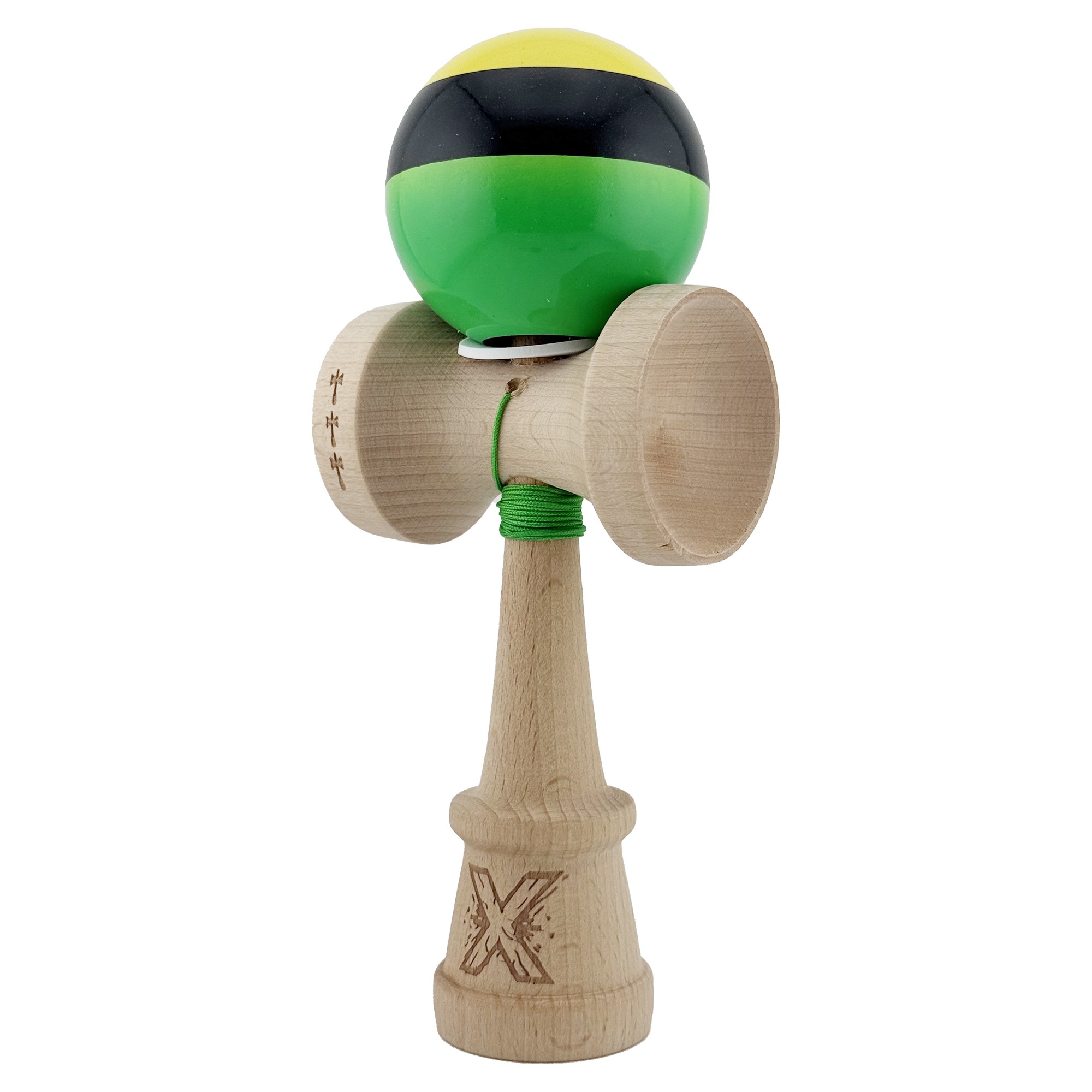 Kendama X Originala, Profesionala, Flippy, Super Sticky cu Cupe Mari KING SIZE V3, Gaura in Baza, Rulment Metalic, din lemn 18 cm, Ata 62/65 cm, Galben/Negru/Verde