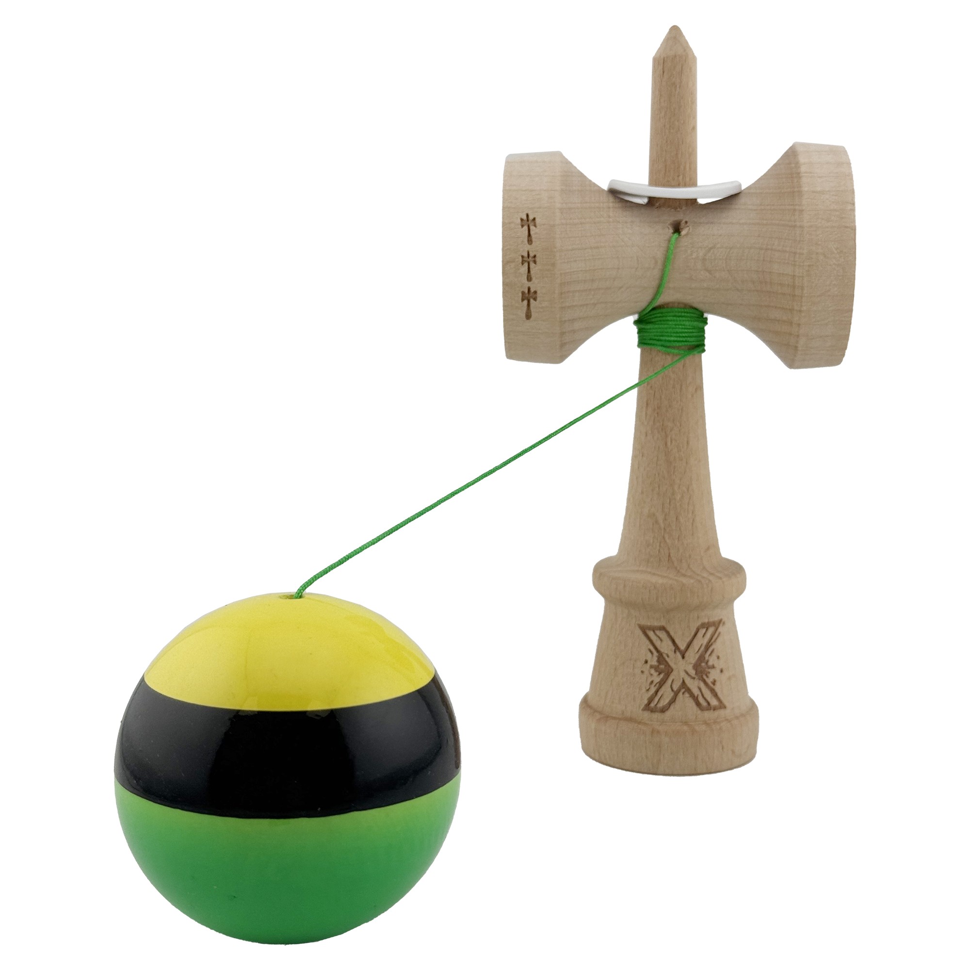 Kendama X Originala, Profesionala, Flippy, Super Sticky cu Cupe Mari KING SIZE V3, Gaura in Baza, Rulment Metalic, din lemn 18 cm, Ata 62/65 cm, Galben/Negru/Verde