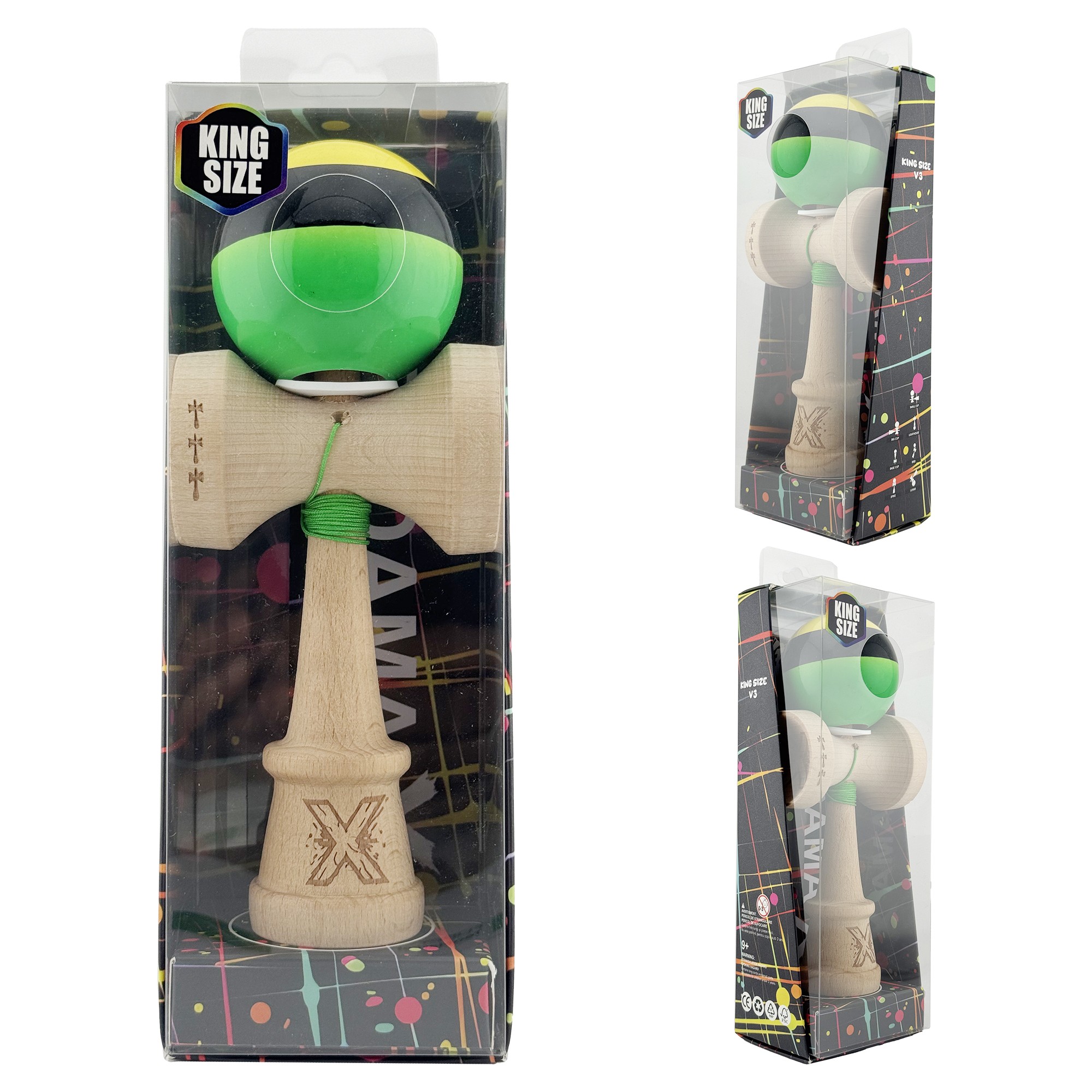 Kendama X Originala, Profesionala, Flippy, Super Sticky cu Cupe Mari KING SIZE V3, Gaura in Baza, Rulment Metalic, din lemn 18 cm, Ata 62/65 cm, Galben/Negru/Verde