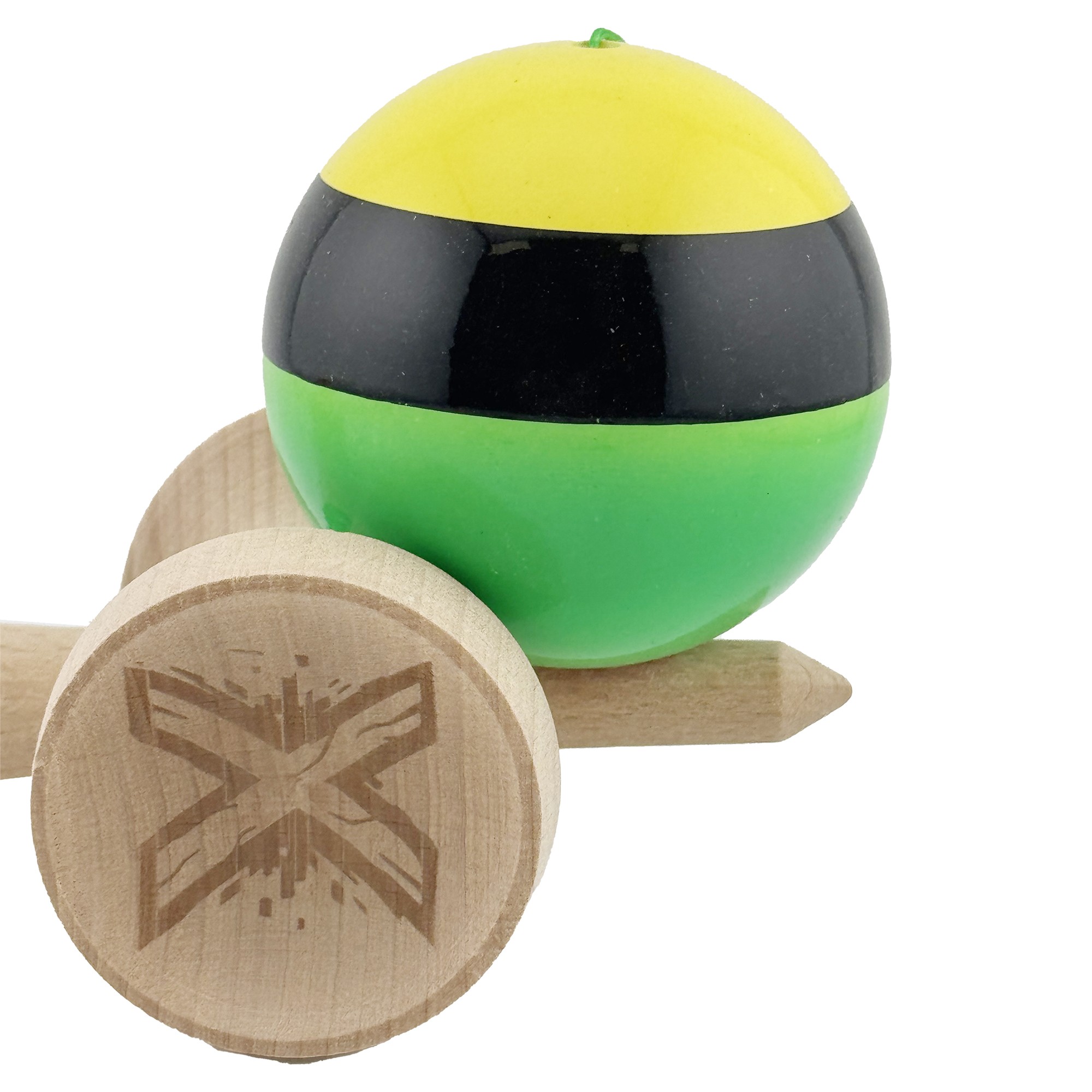 Kendama X Originala, Profesionala, Flippy, Super Sticky cu Cupe Mari KING SIZE V3, Gaura in Baza, Rulment Metalic, din lemn 18 cm, Ata 62/65 cm, Galben/Negru/Verde