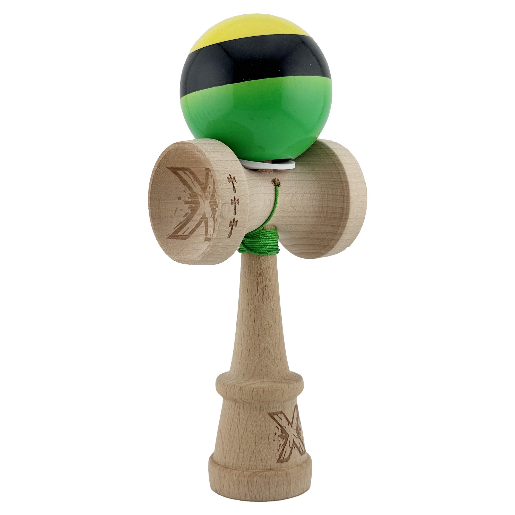 Kendama X Originala, Profesionala, Flippy, Super Sticky cu Cupe Mari KING SIZE V3, Gaura in Baza, Rulment Metalic, din lemn 18 cm, Ata 62/65 cm, Galben/Negru/Verde