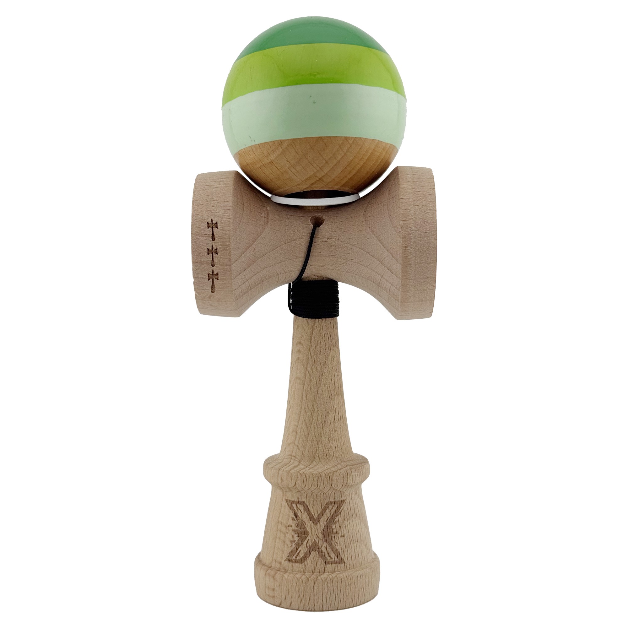 Kendama X Originala, Profesionala, Flippy, Super Sticky cu Cupe Mari KING SIZE V3, Gaura in Baza, Rulment Metalic, din lemn 18 cm, Ata 62/65 cm, Special Verde degrade