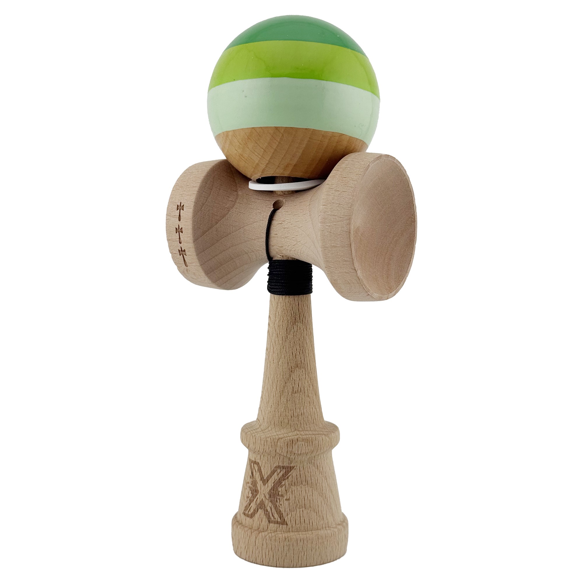 Kendama X Originala, Profesionala, Flippy, Super Sticky cu Cupe Mari KING SIZE V3, Gaura in Baza, Rulment Metalic, din lemn 18 cm, Ata 62/65 cm, Special Verde degrade
