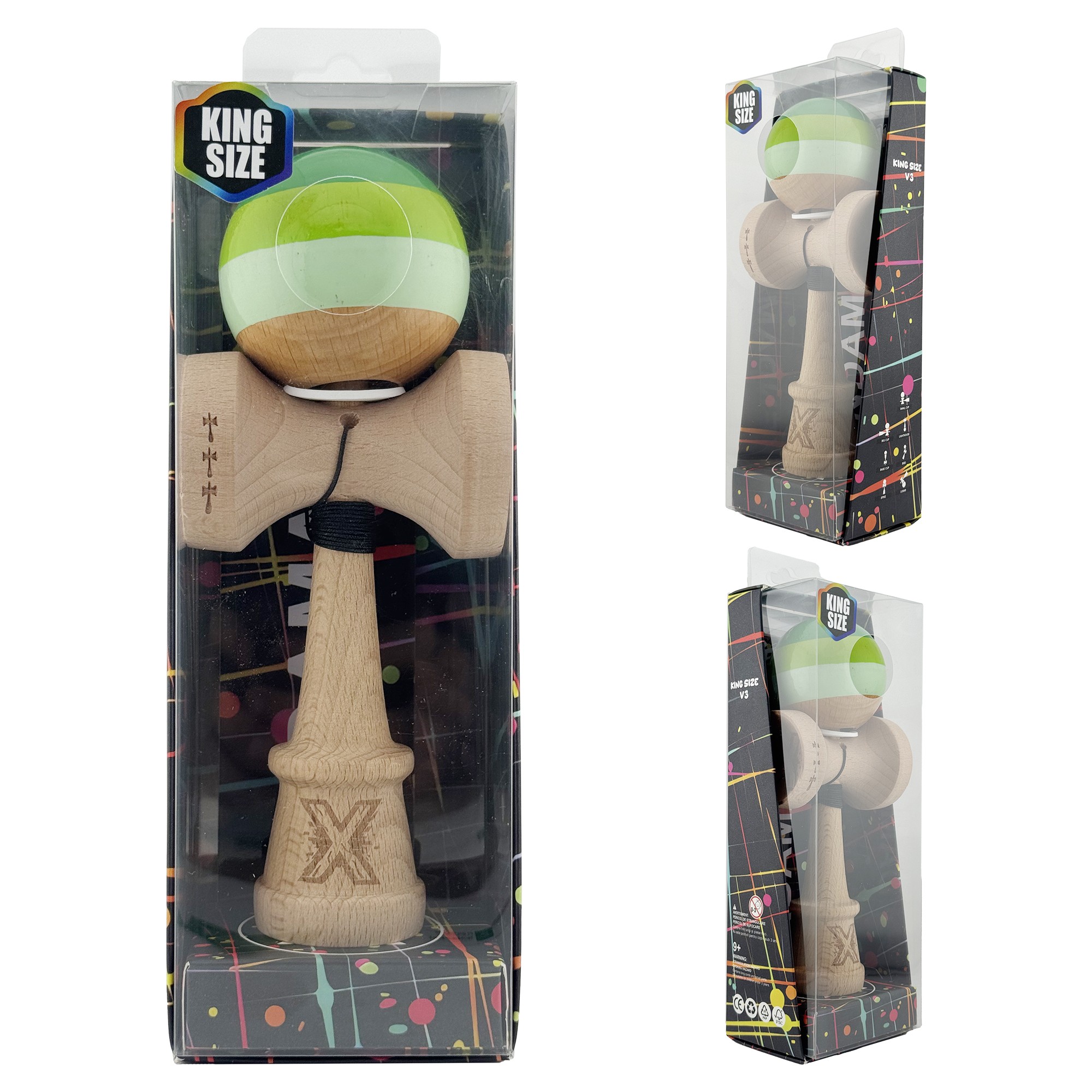 Kendama X Originala, Profesionala, Flippy, Super Sticky cu Cupe Mari KING SIZE V3, Gaura in Baza, Rulment Metalic, din lemn 18 cm, Ata 62/65 cm, Special Verde degrade