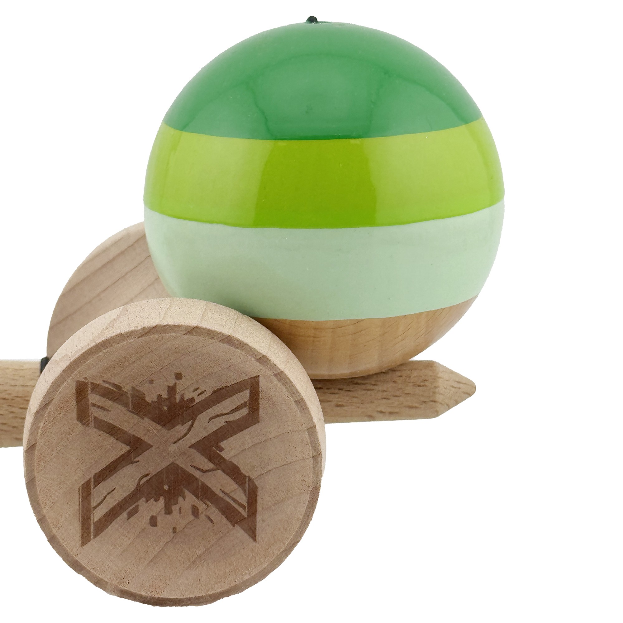 Kendama X Originala, Profesionala, Flippy, Super Sticky cu Cupe Mari KING SIZE V3, Gaura in Baza, Rulment Metalic, din lemn 18 cm, Ata 62/65 cm, Special Verde degrade