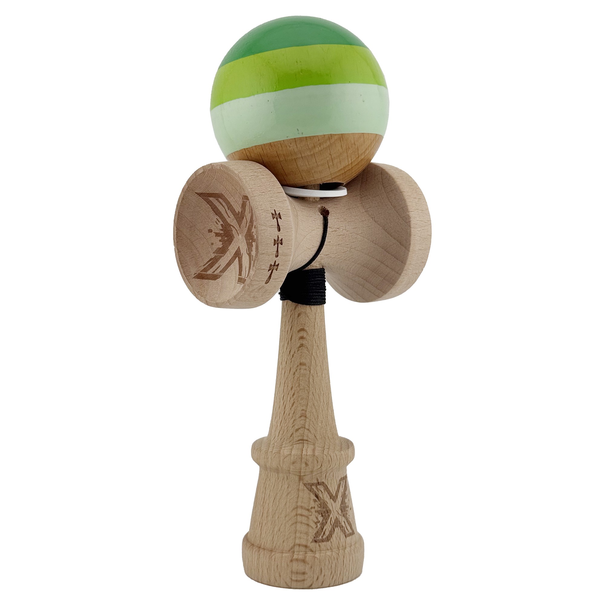 Kendama X Originala, Profesionala, Flippy, Super Sticky cu Cupe Mari KING SIZE V3, Gaura in Baza, Rulment Metalic, din lemn 18 cm, Ata 62/65 cm, Special Verde degrade