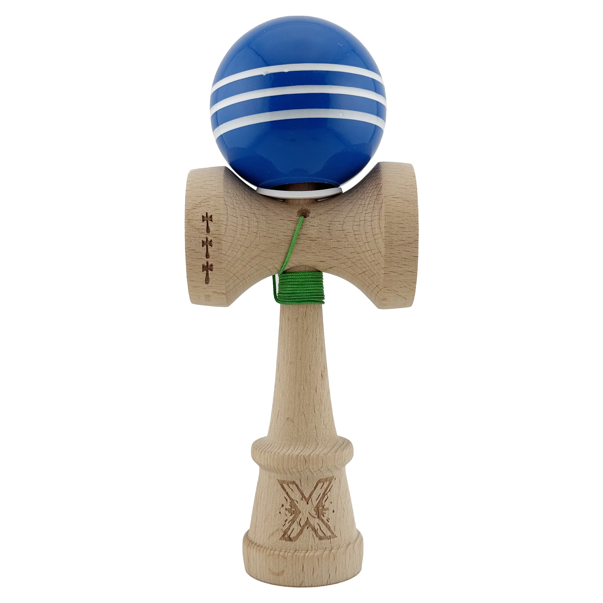 Kendama X Originala, Profesionala, Flippy, Super Sticky cu Cupe Mari KING SIZE V3, Gaura in Baza, Rulment Metalic, din lemn 18 cm, Ata 62/65 cm, Special Albastru/Alb
