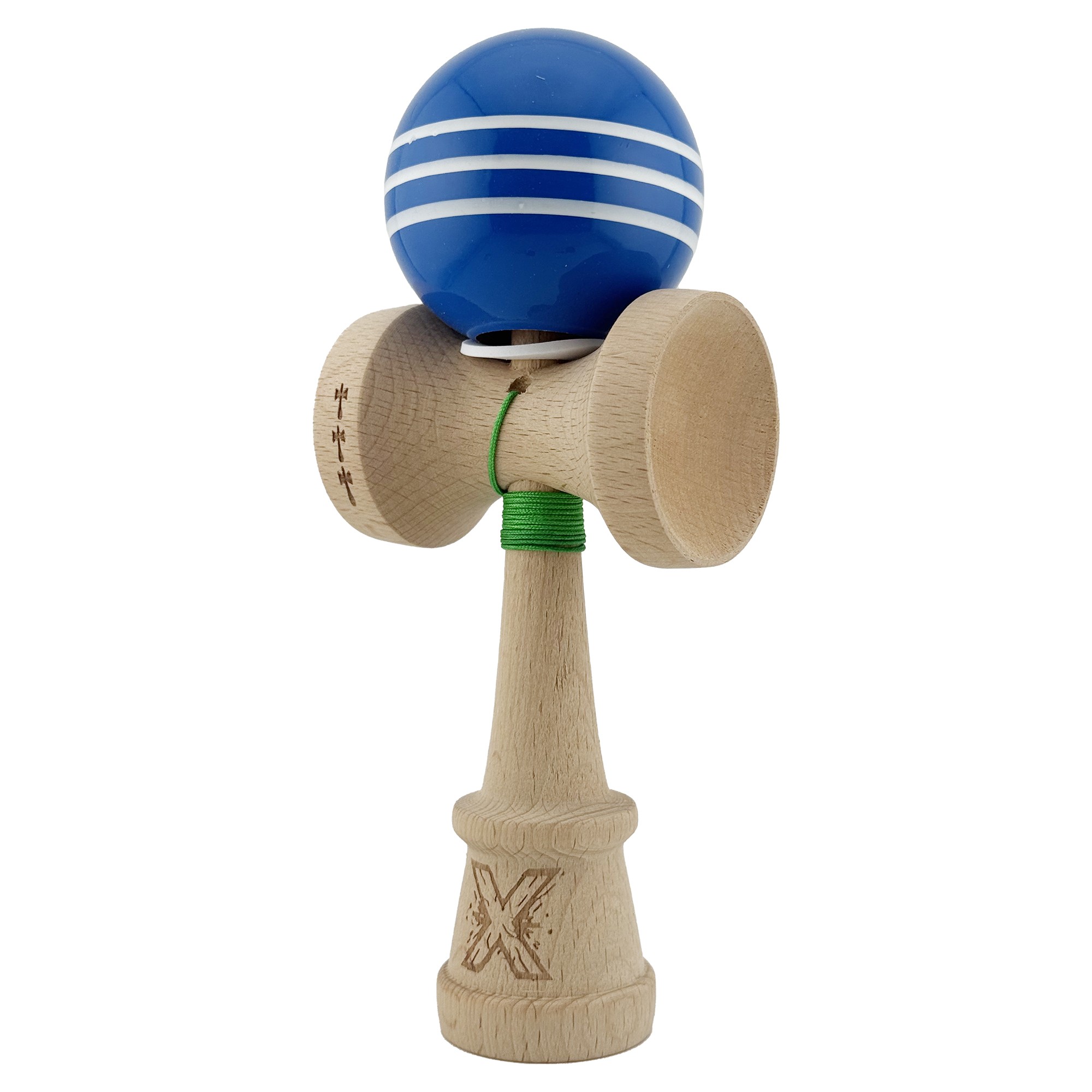 Kendama X Originala, Profesionala, Flippy, Super Sticky cu Cupe Mari KING SIZE V3, Gaura in Baza, Rulment Metalic, din lemn 18 cm, Ata 62/65 cm, Special Albastru/Alb