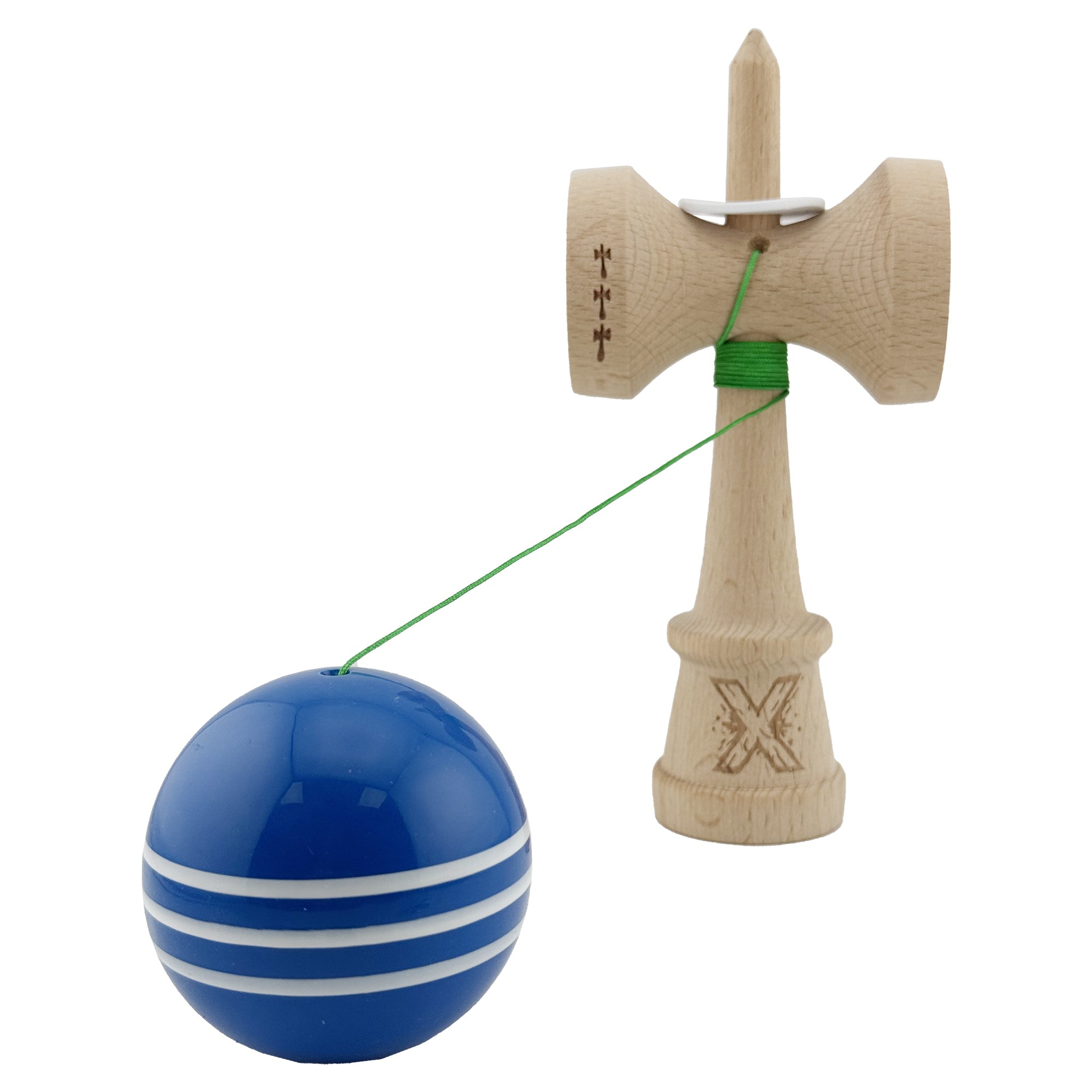 Kendama X Originala, Profesionala, Flippy, Super Sticky cu Cupe Mari KING SIZE V3, Gaura in Baza, Rulment Metalic, din lemn 18 cm, Ata 62/65 cm, Special Albastru/Alb