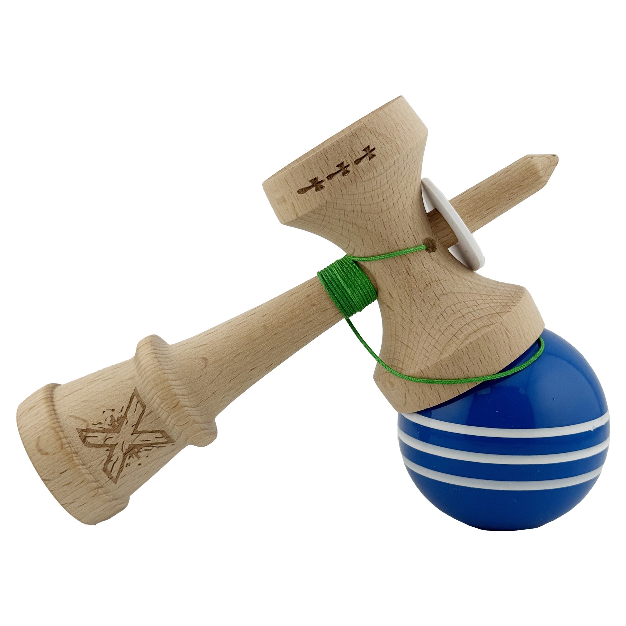 Kendama X Originala, Profesionala, Flippy, Super Sticky cu Cupe Mari KING SIZE V3, Gaura in Baza, Rulment Metalic, din lemn 18 cm, Ata 62/65 cm, Special Albastru/Alb