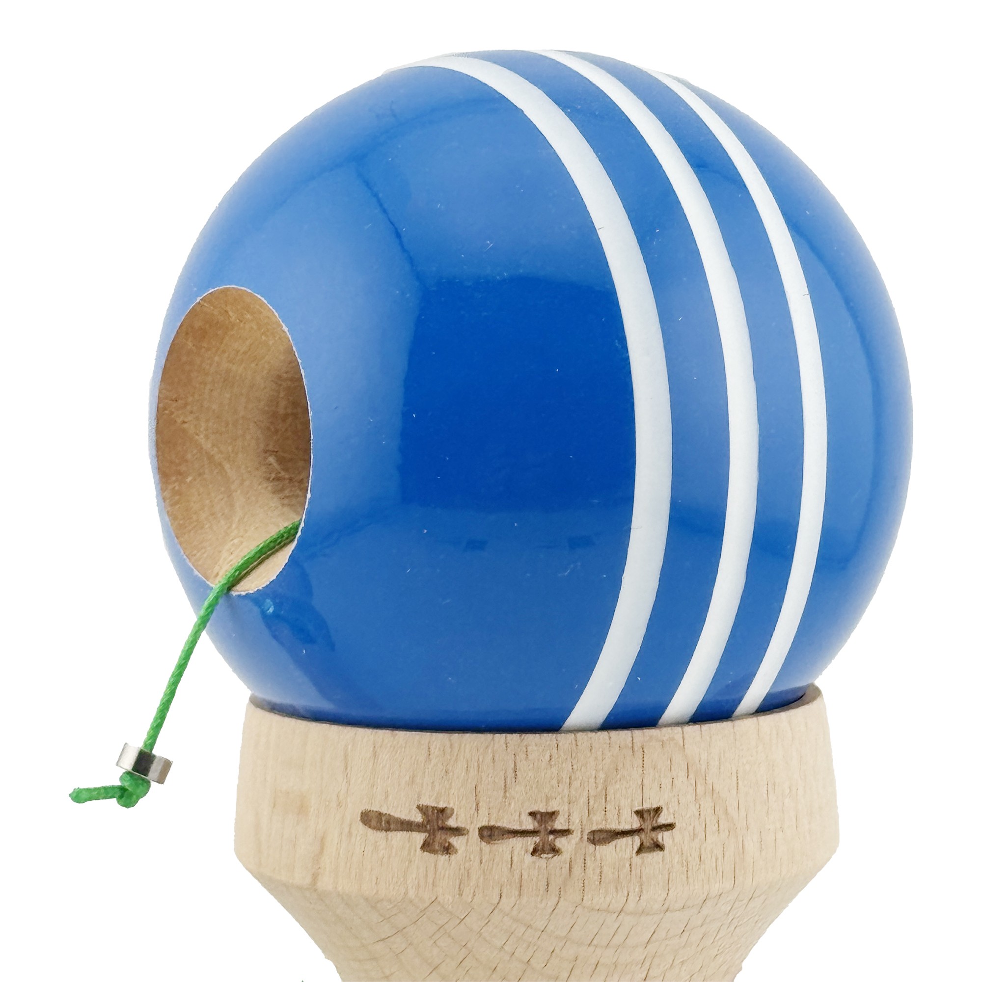 Kendama X Originala, Profesionala, Flippy, Super Sticky cu Cupe Mari KING SIZE V3, Gaura in Baza, Rulment Metalic, din lemn 18 cm, Ata 62/65 cm, Special Albastru/Alb