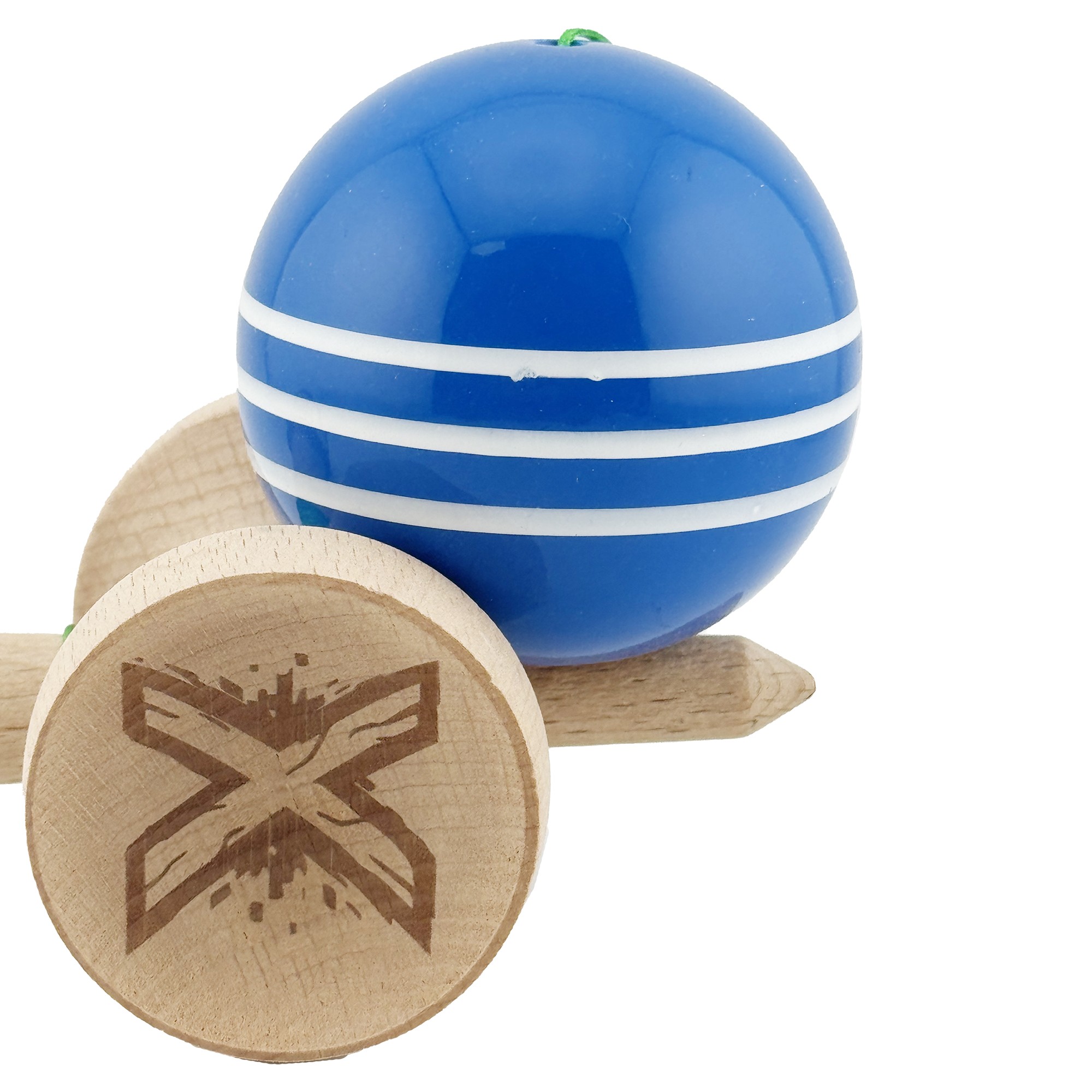 Kendama X Originala, Profesionala, Flippy, Super Sticky cu Cupe Mari KING SIZE V3, Gaura in Baza, Rulment Metalic, din lemn 18 cm, Ata 62/65 cm, Special Albastru/Alb