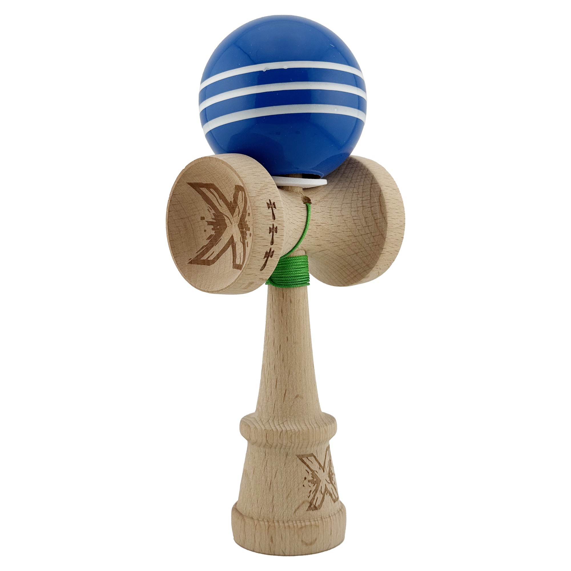 Kendama X Originala, Profesionala, Flippy, Super Sticky cu Cupe Mari KING SIZE V3, Gaura in Baza, Rulment Metalic, din lemn 18 cm, Ata 62/65 cm, Special Albastru/Alb