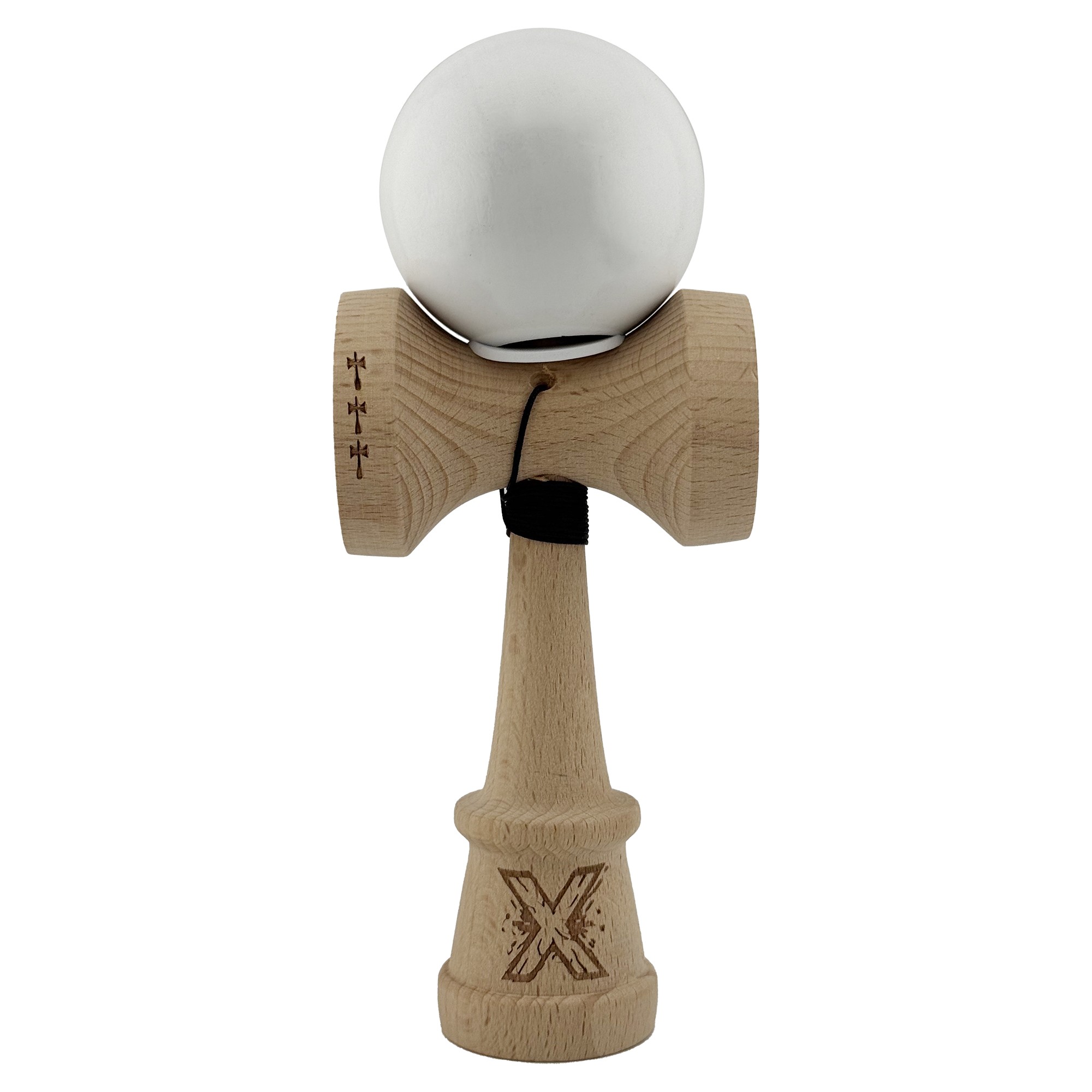 Kendama X Originala, Profesionala, Flippy, Rubber Grip, Cupe Mari KING SIZE V3, Gaura in Baza, Rulment Metalic, din lemn 18 cm, Ata 62/65 cm, Special Alb