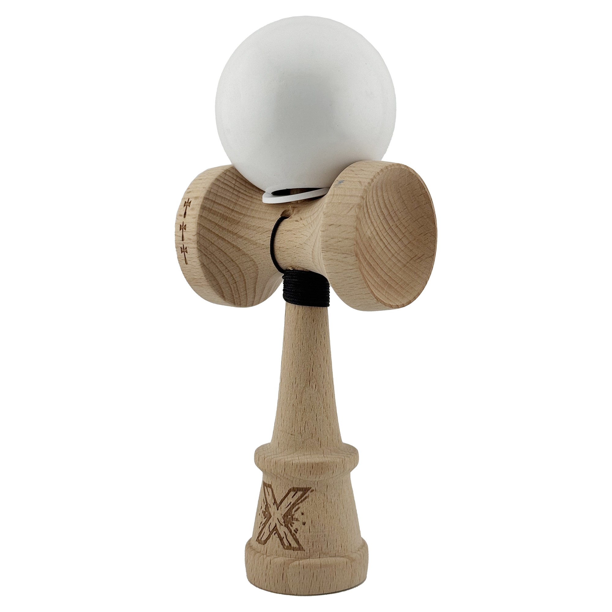 Kendama X Originala, Profesionala, Flippy, Rubber Grip, Cupe Mari KING SIZE V3, Gaura in Baza, Rulment Metalic, din lemn 18 cm, Ata 62/65 cm, Special Alb