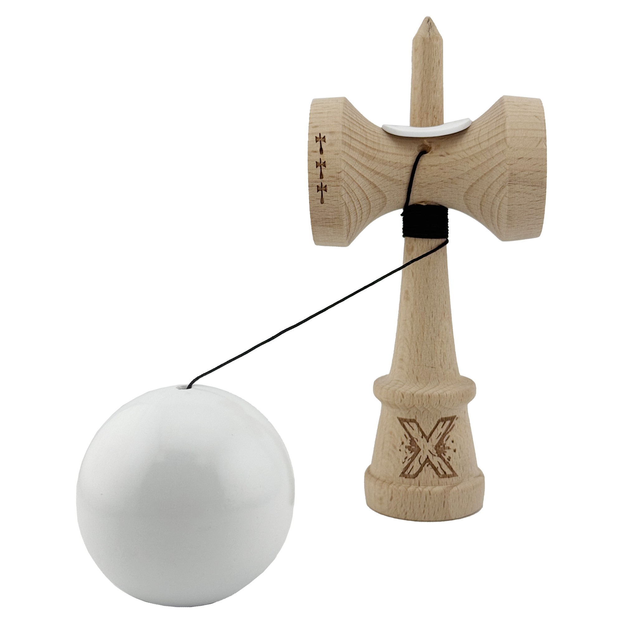 Kendama X Originala, Profesionala, Flippy, Rubber Grip, Cupe Mari KING SIZE V3, Gaura in Baza, Rulment Metalic, din lemn 18 cm, Ata 62/65 cm, Special Alb