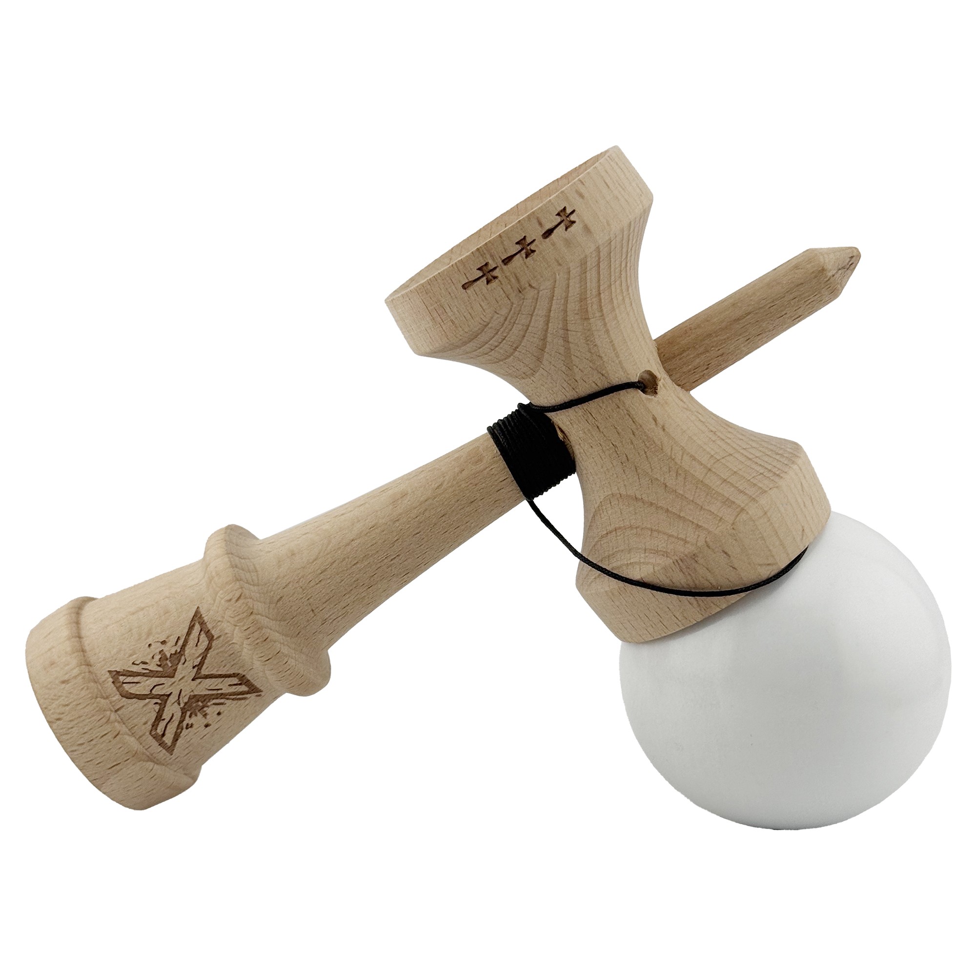 Kendama X Originala, Profesionala, Flippy, Rubber Grip, Cupe Mari KING SIZE V3, Gaura in Baza, Rulment Metalic, din lemn 18 cm, Ata 62/65 cm, Special Alb