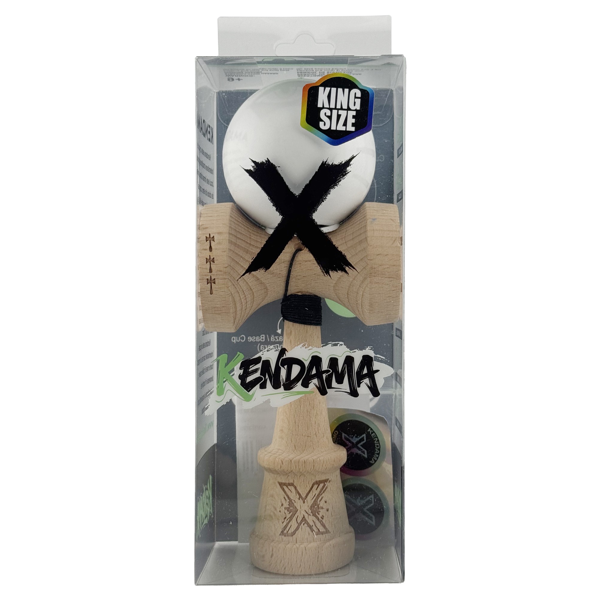 Kendama X Originala, Profesionala, Flippy, Rubber Grip, Cupe Mari KING SIZE V3, Gaura in Baza, Rulment Metalic, din lemn 18 cm, Ata 62/65 cm, Special Alb