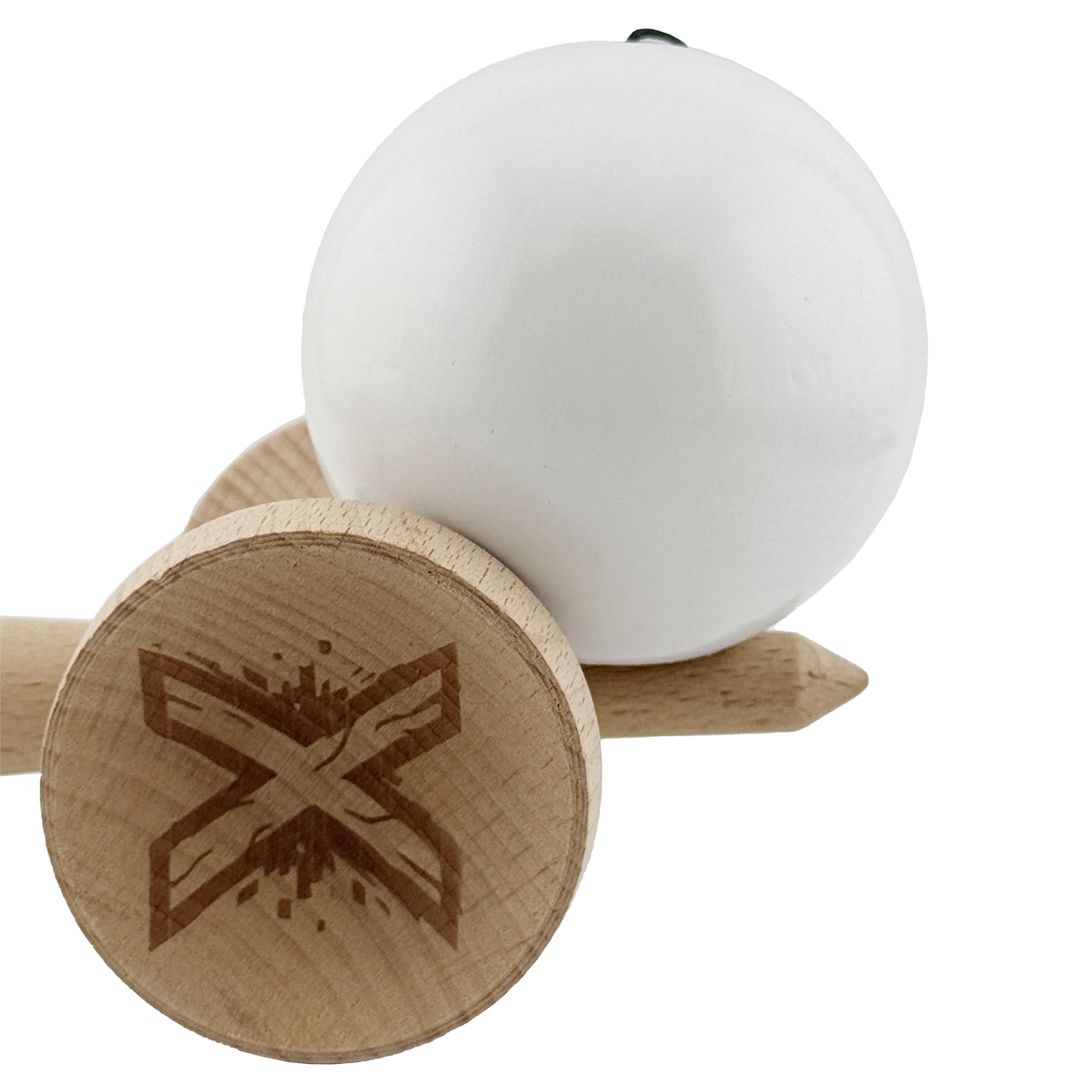 Kendama X Originala, Profesionala, Flippy, Rubber Grip, Cupe Mari KING SIZE V3, Gaura in Baza, Rulment Metalic, din lemn 18 cm, Ata 62/65 cm, Special Alb
