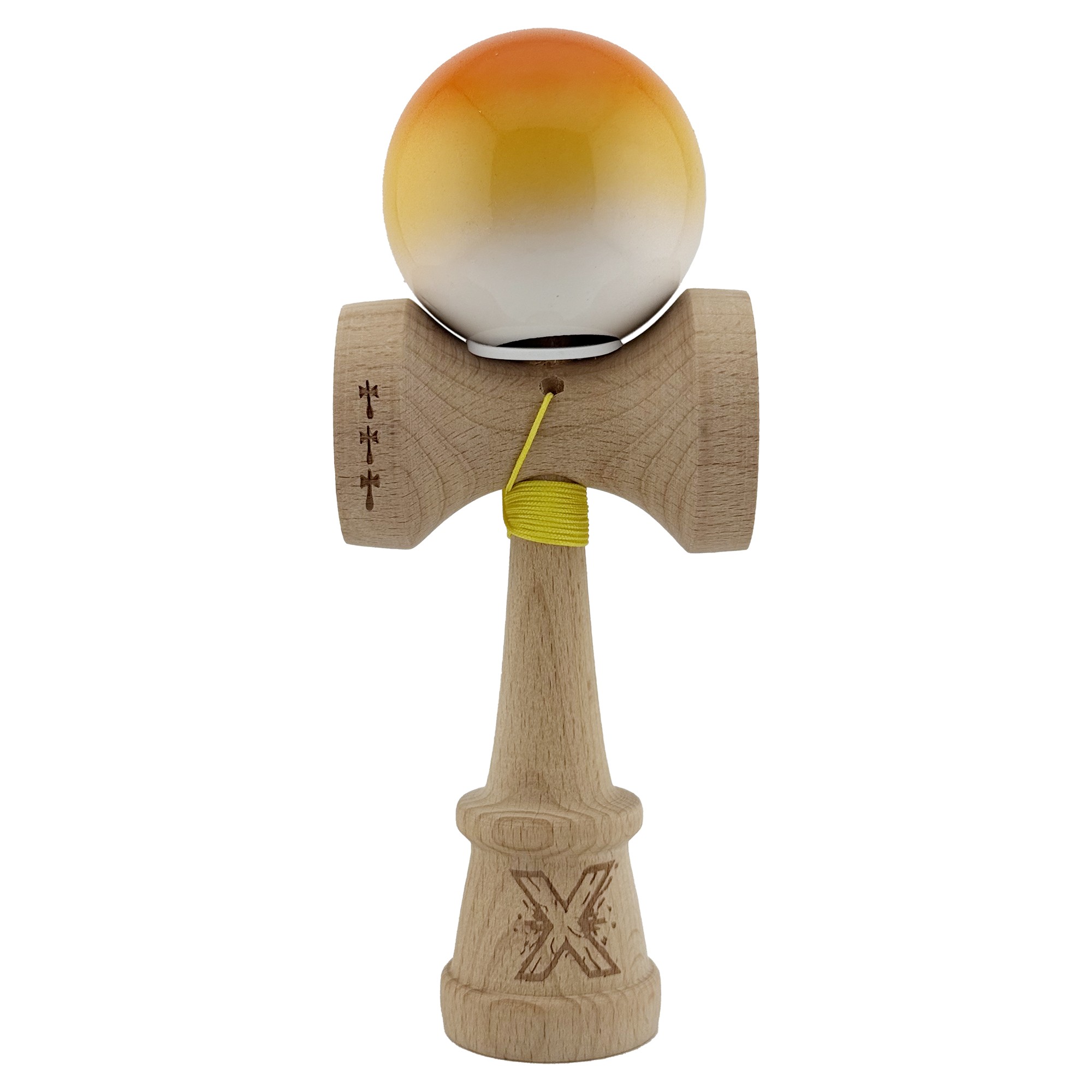 Kendama X Originala, Profesionala, Flippy, Super Sticky cu Cupe Mari KING SIZE V3, Gaura in Baza, Rulment Metalic, din lemn 18 cm, Ata 62/65 cm, Gradient Portocaliu/Galben/Alb