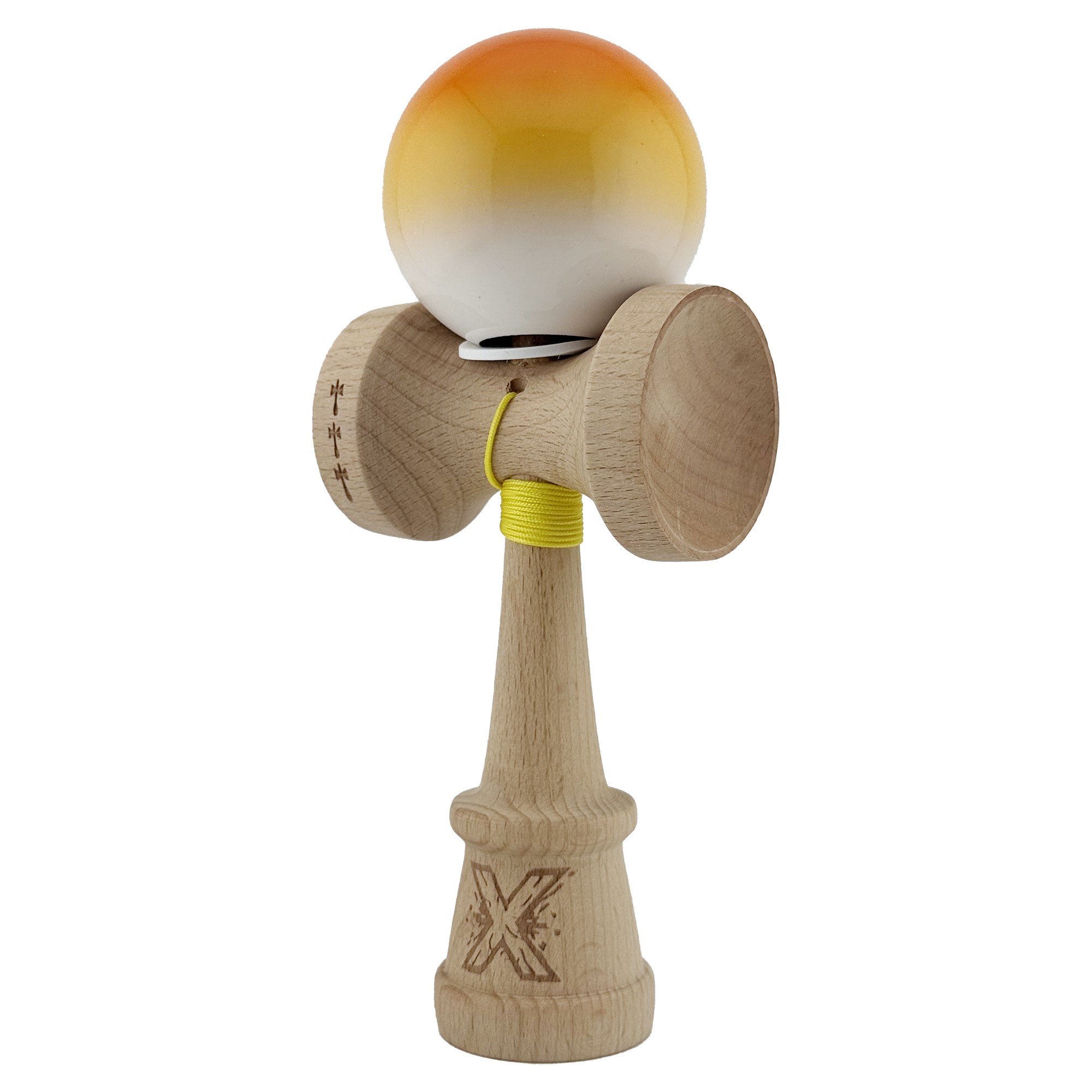 Kendama X Originala, Profesionala, Flippy, Super Sticky cu Cupe Mari KING SIZE V3, Gaura in Baza, Rulment Metalic, din lemn 18 cm, Ata 62/65 cm, Gradient Portocaliu/Galben/Alb