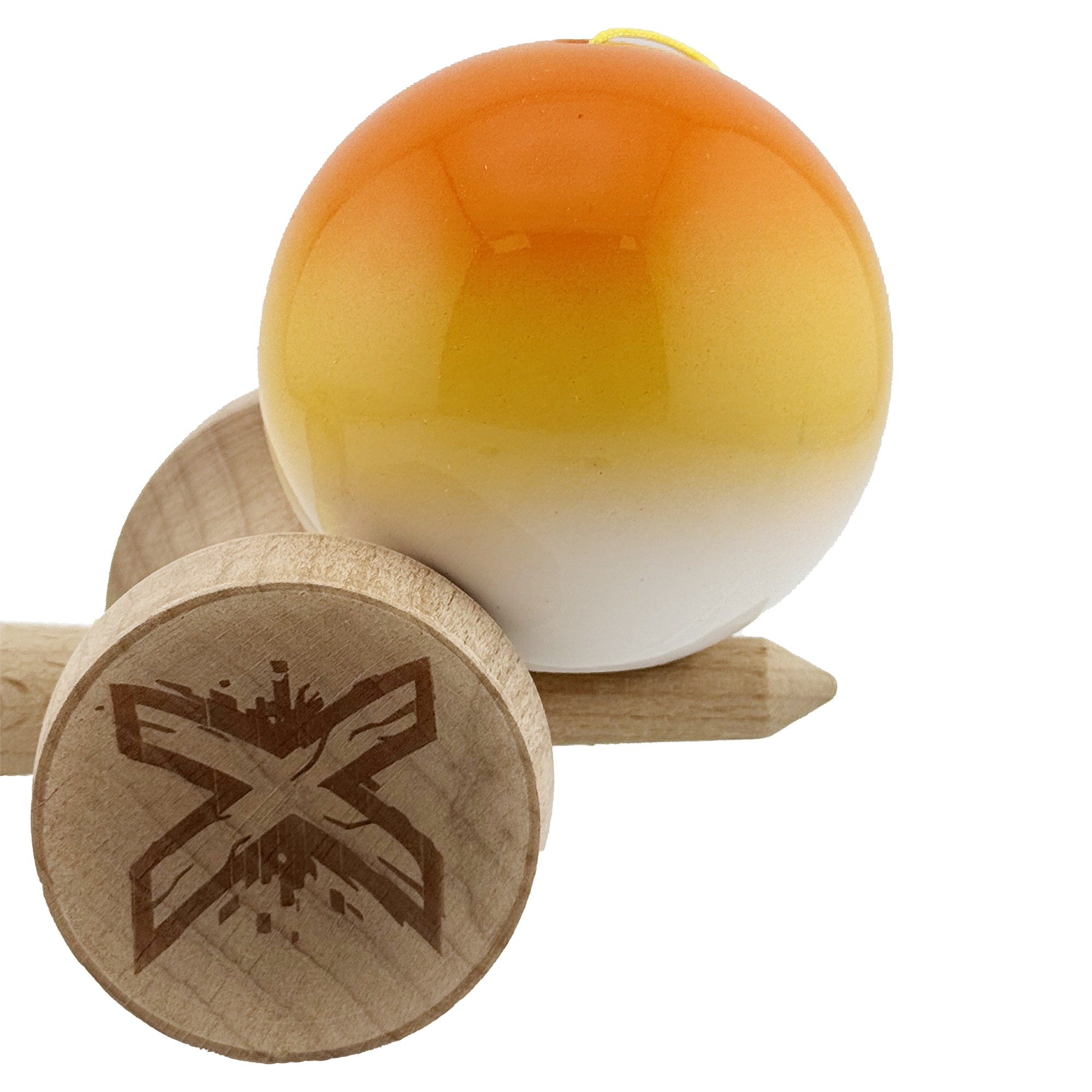 Kendama X Originala, Profesionala, Flippy, Super Sticky cu Cupe Mari KING SIZE V3, Gaura in Baza, Rulment Metalic, din lemn 18 cm, Ata 62/65 cm, Gradient Portocaliu/Galben/Alb