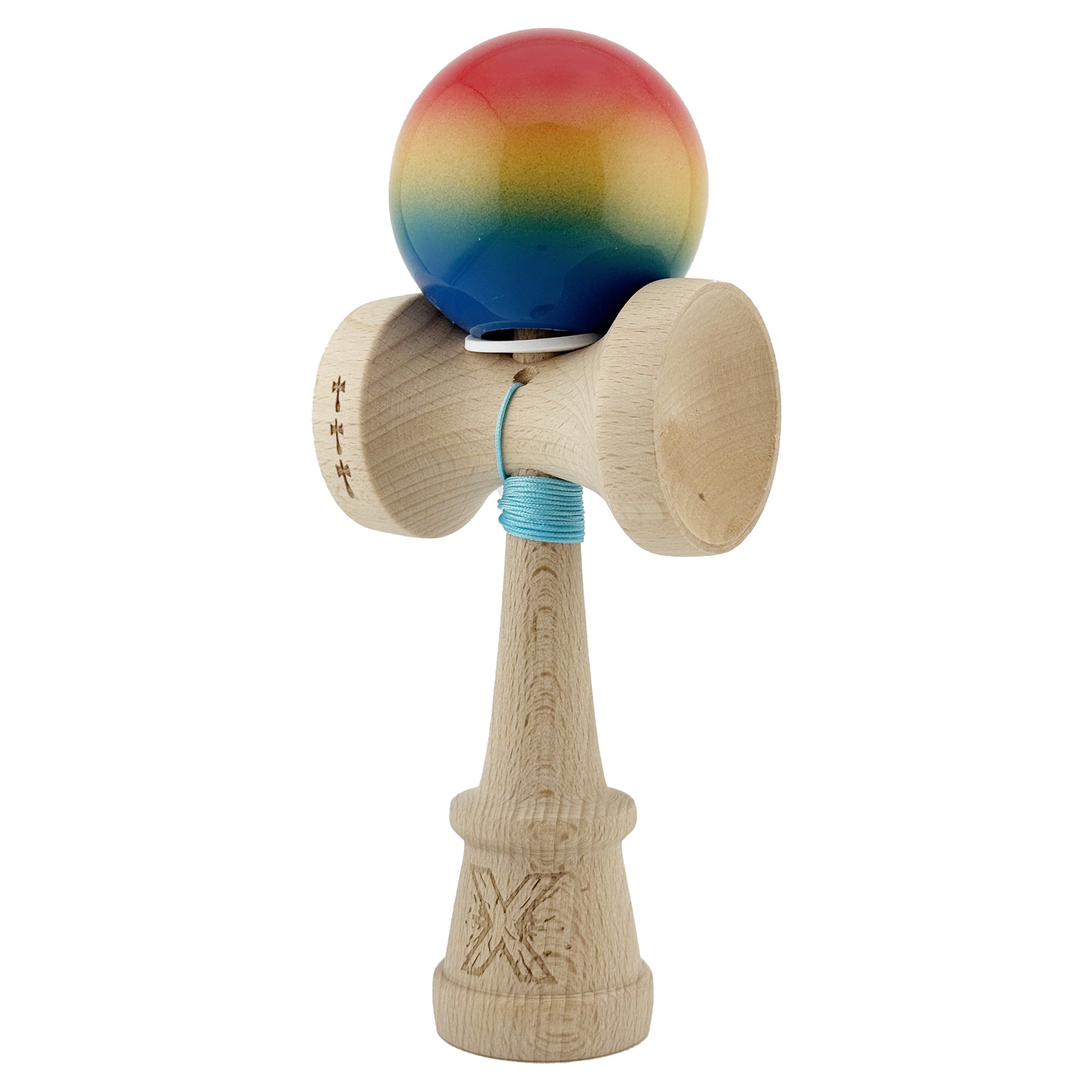 Kendama X Originala, Profesionala, Flippy, Super Sticky cu Cupe Mari KING SIZE V3, Gaura in Baza, Rulment Metalic, din lemn 18 cm, Ata 62/65 cm, Gradient Rosu/Galben/Albastru