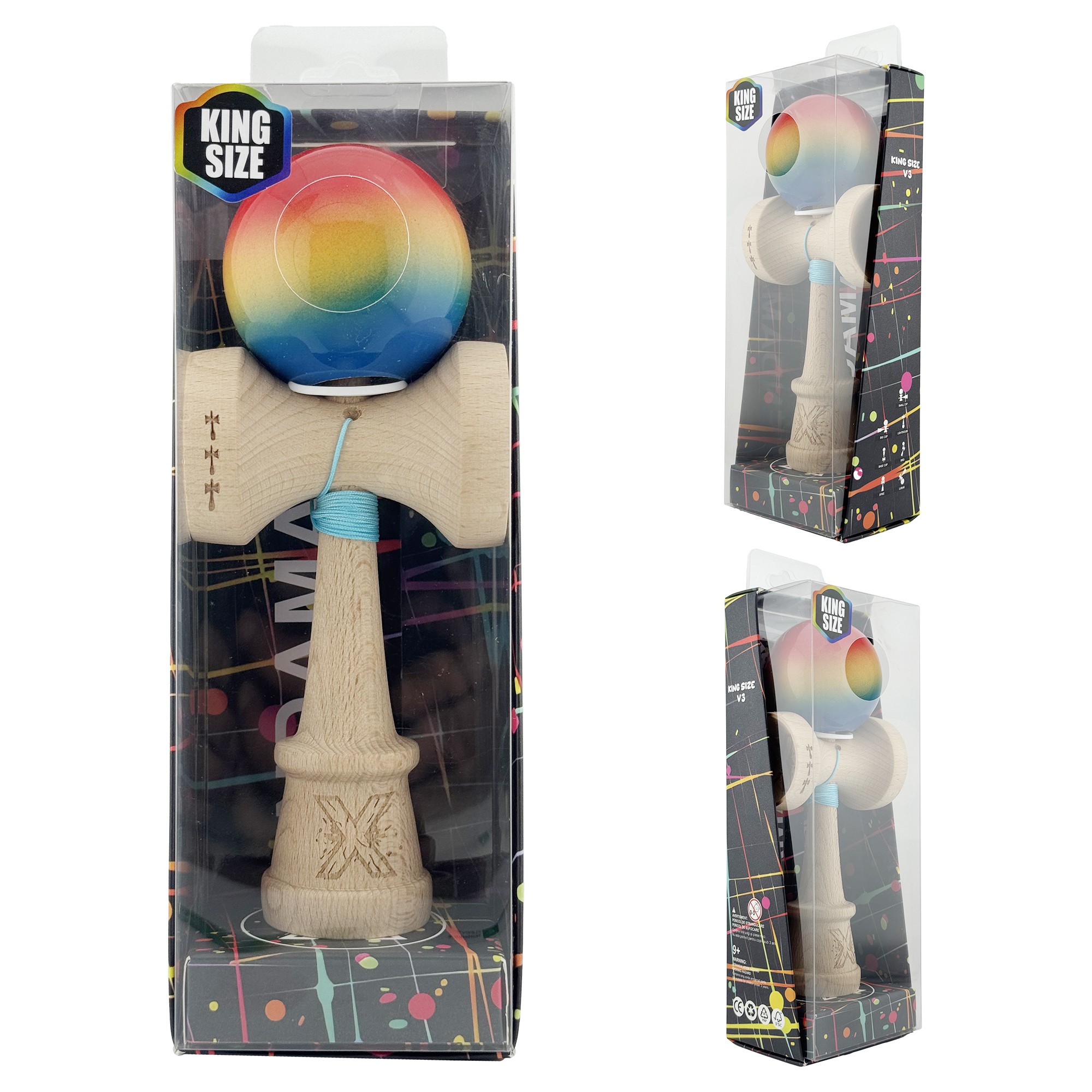 Kendama X Originala, Profesionala, Flippy, Super Sticky cu Cupe Mari KING SIZE V3, Gaura in Baza, Rulment Metalic, din lemn 18 cm, Ata 62/65 cm, Gradient Rosu/Galben/Albastru