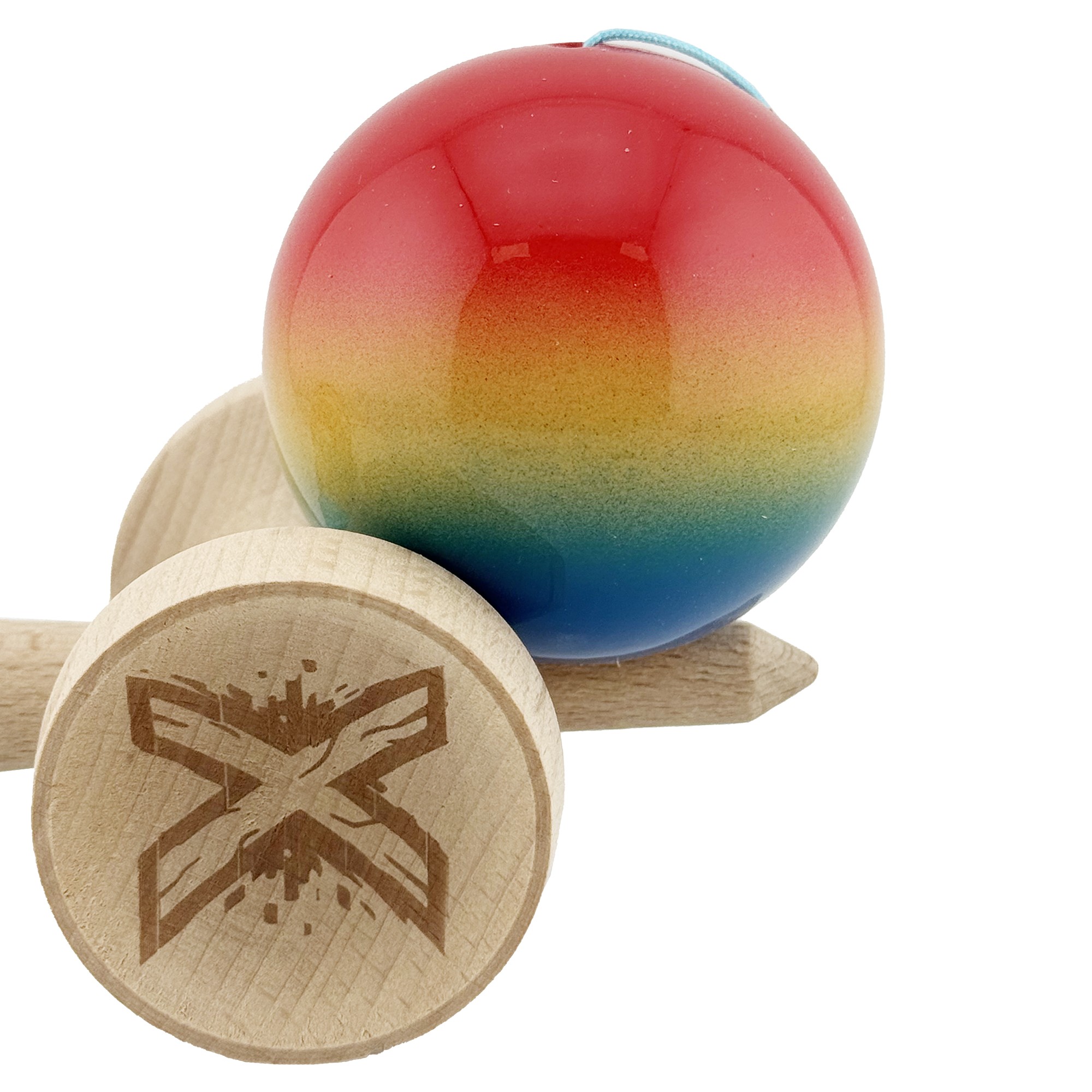 Kendama X Originala, Profesionala, Flippy, Super Sticky cu Cupe Mari KING SIZE V3, Gaura in Baza, Rulment Metalic, din lemn 18 cm, Ata 62/65 cm, Gradient Rosu/Galben/Albastru